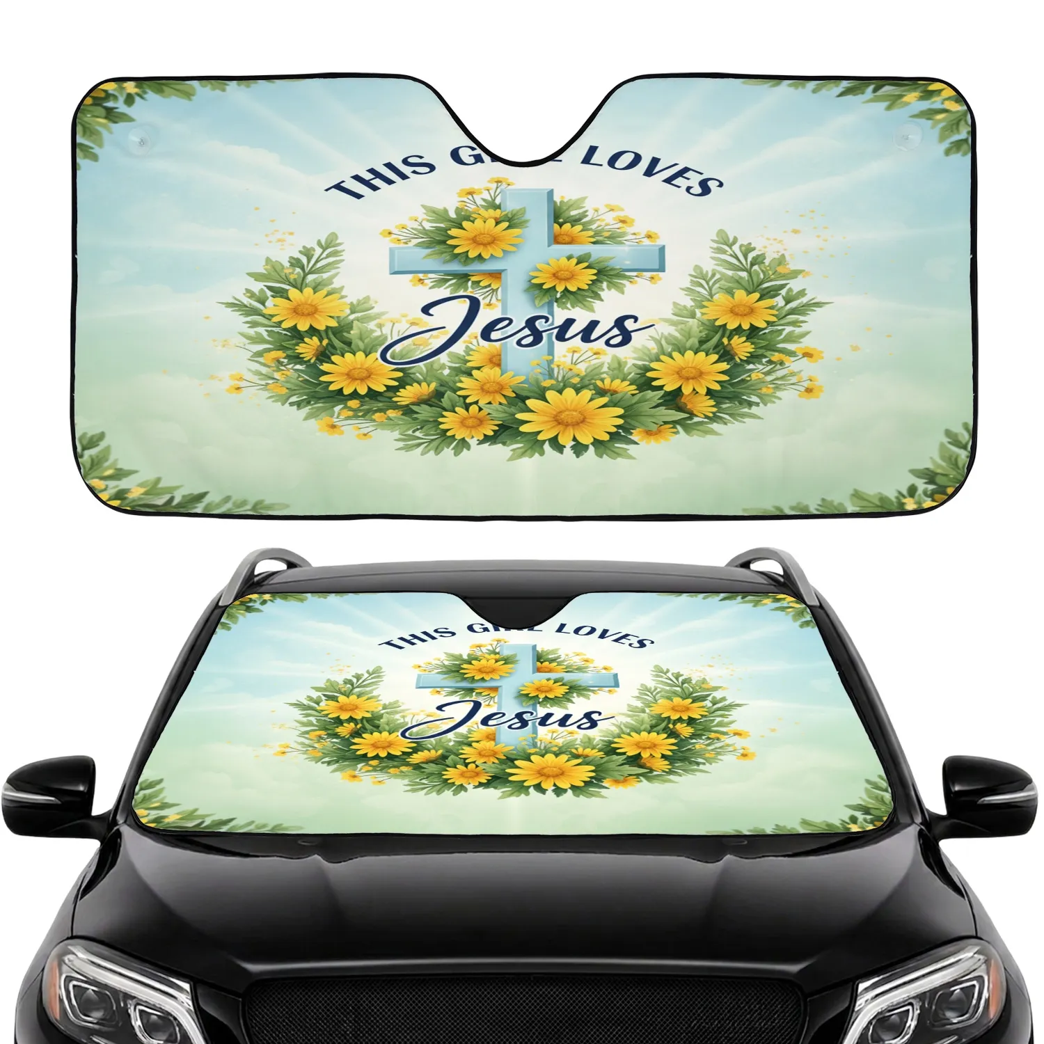 This Girl Loves Jesus Cross Floral Wreath - Christian Faith Gift for Her Car Sunshade - 1