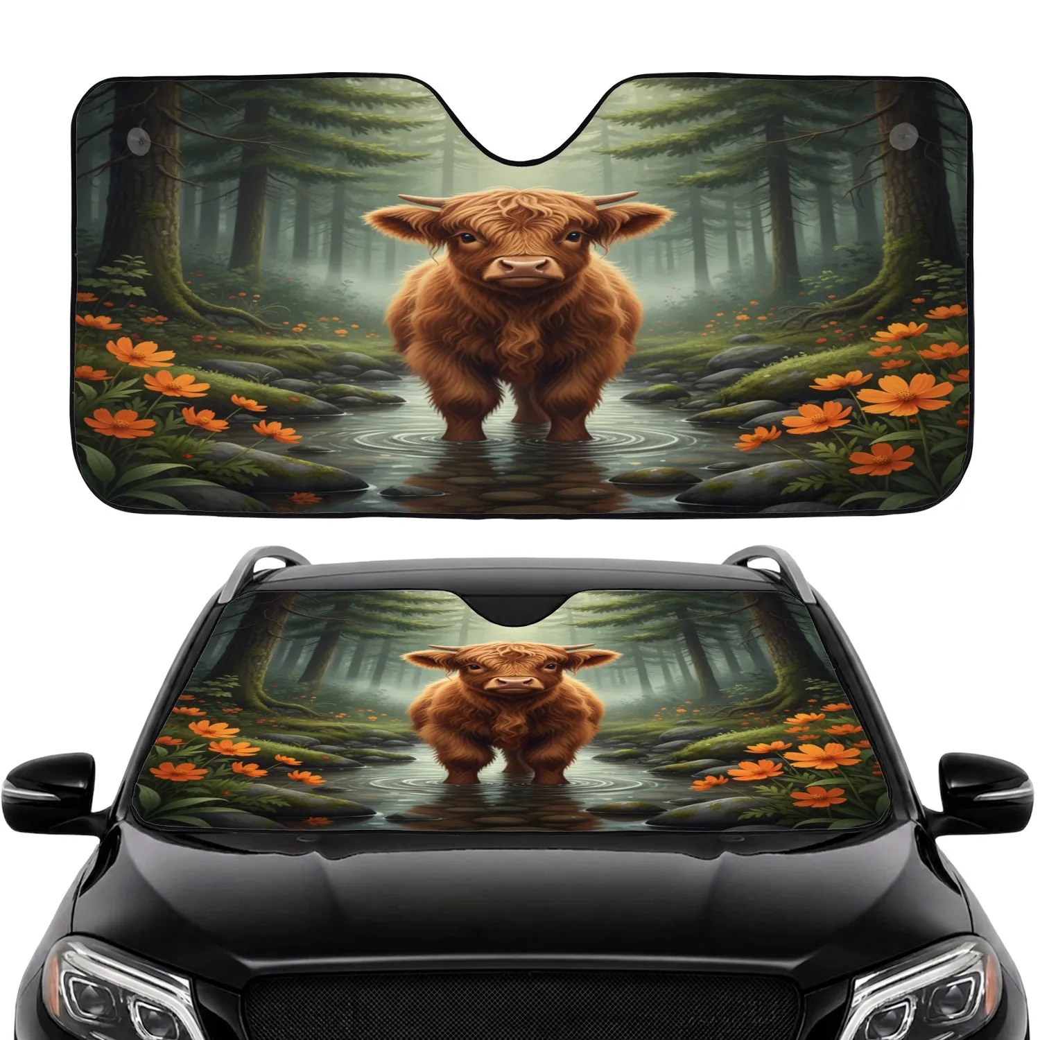 Fluffy Highland Calf Cosmos Flowers Forest Stream - Nature & Wildlife Lover Gift Car Sunshade - 1