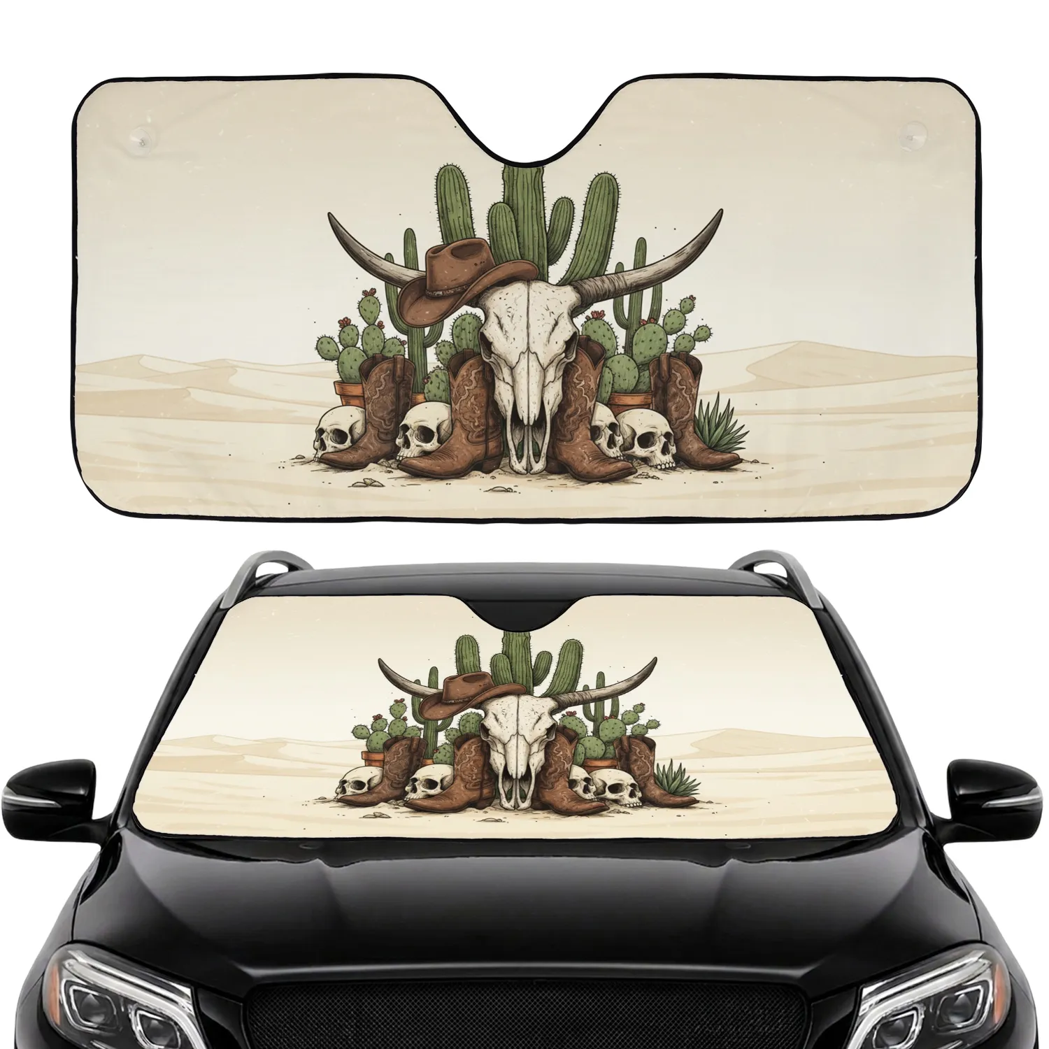 Saguaro Cactus Bull Skull Cowboy Hat Boots - Car Interior Decor Car Sunshade - 1