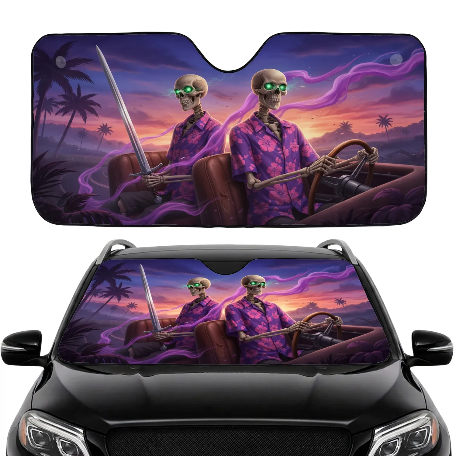 Skeletons Longsword Steering Wheel Hibiscus Flowers Road Trip Gift Car Sunshade - 1