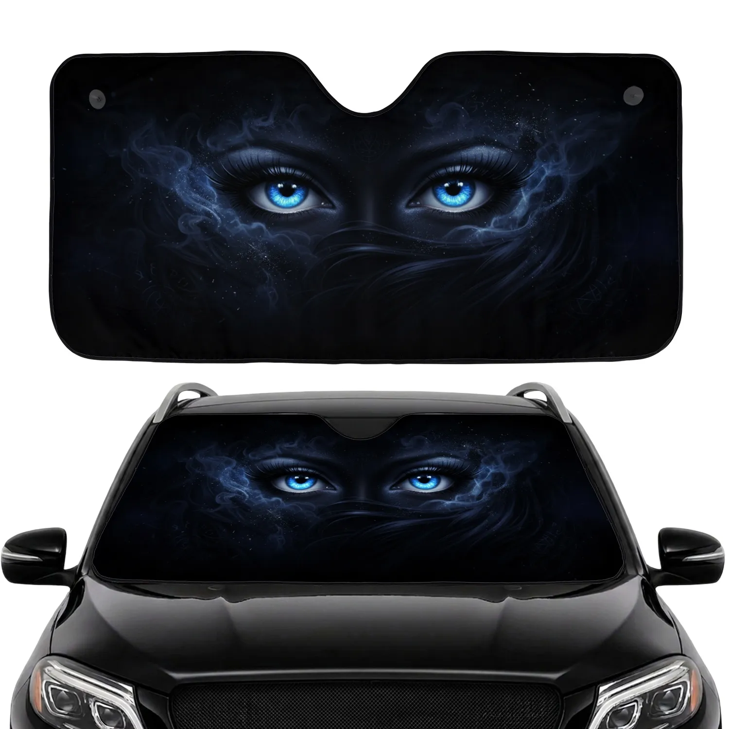 Electric Blue Eyes Winged Eyeliner Dark Mist Smoke Glowing Patterns - Car Interior Upgrade Car Sunshade - 1