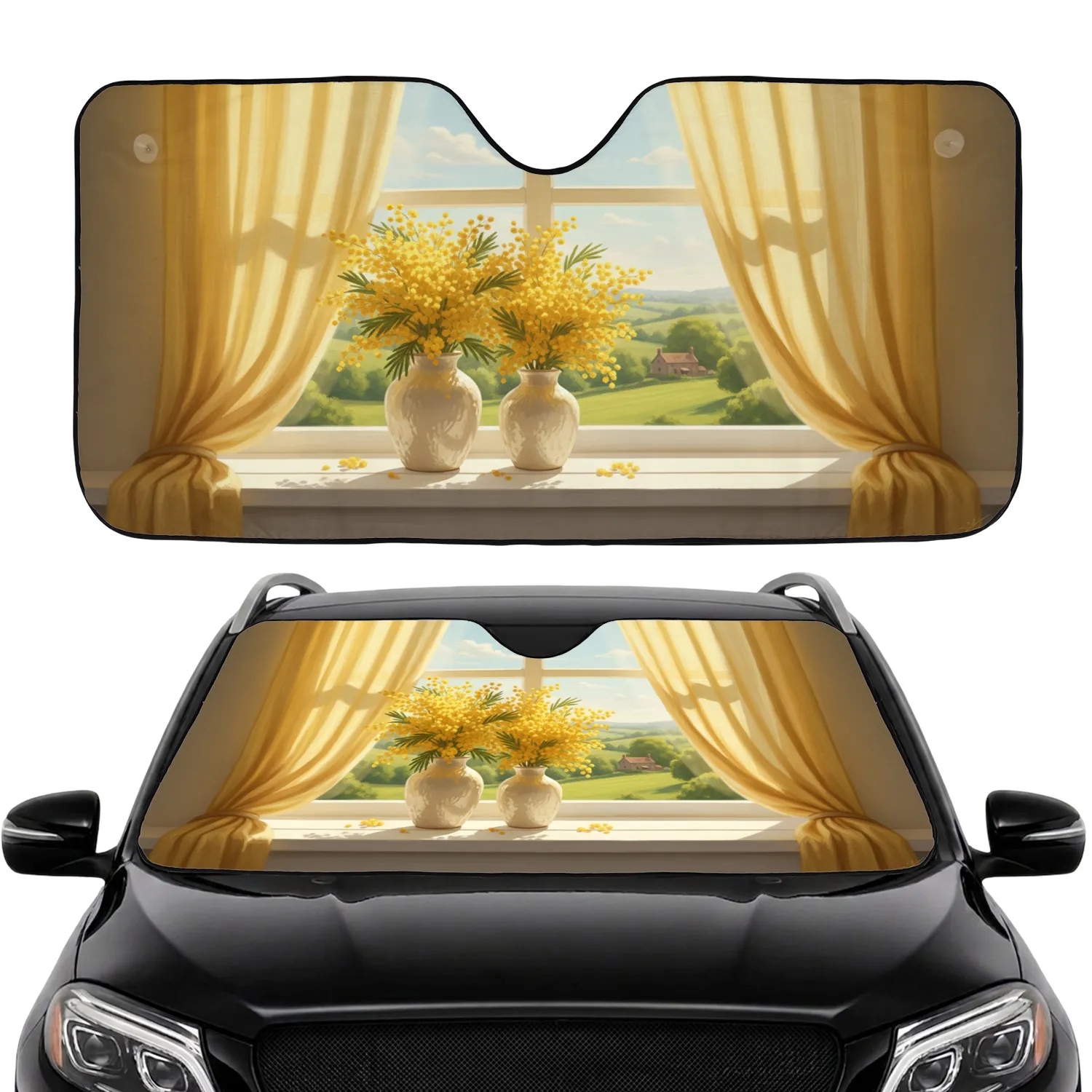 Mimosa Vases Sunny Window View Pastoral Hills - Road Trip Essential Car Sunshade - 1