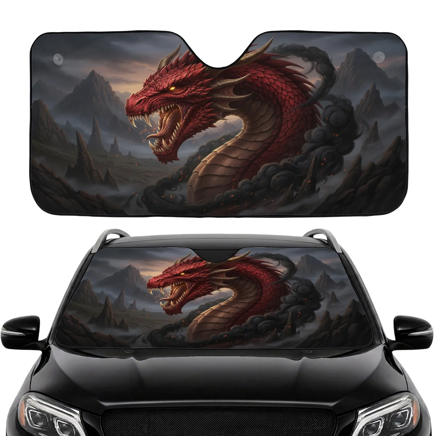 Fierce Red Dragon Head Golden Eyes Volcanic Peaks Car Sunshade - 1