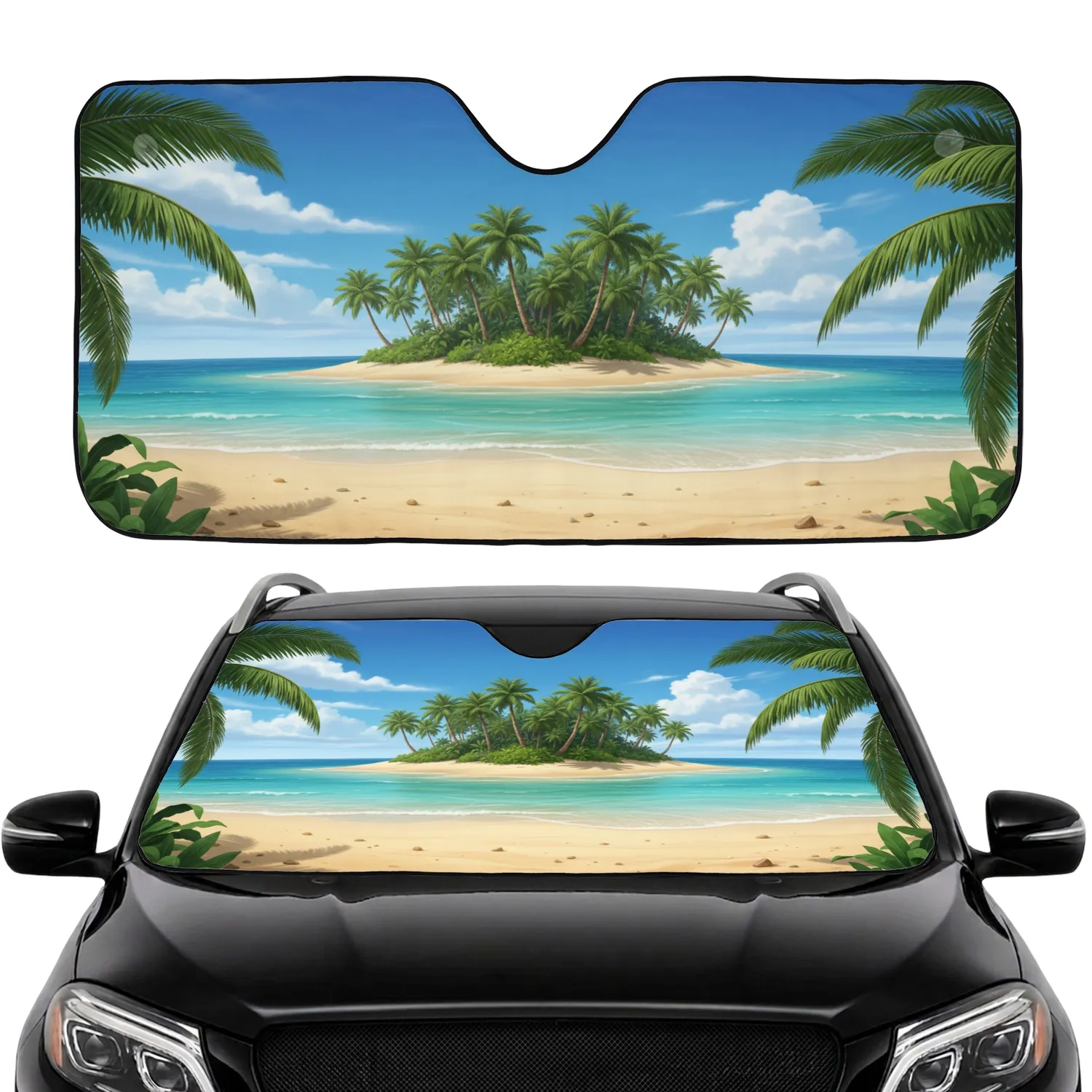 Lush Tropical Island Palm Trees Pristine Sandy Beach Ocean Sky Car Interior Upgrade Car Sunshade - 1