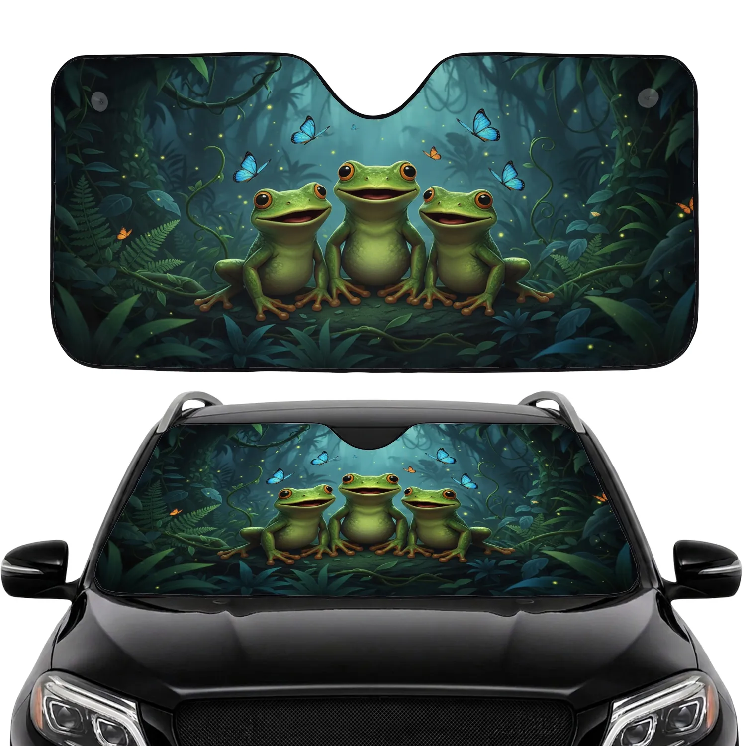 Green Tree Frogs Jungle Butterflies Dark Forest Foliage - Car Interior Decor Gift Car Sunshade - 1