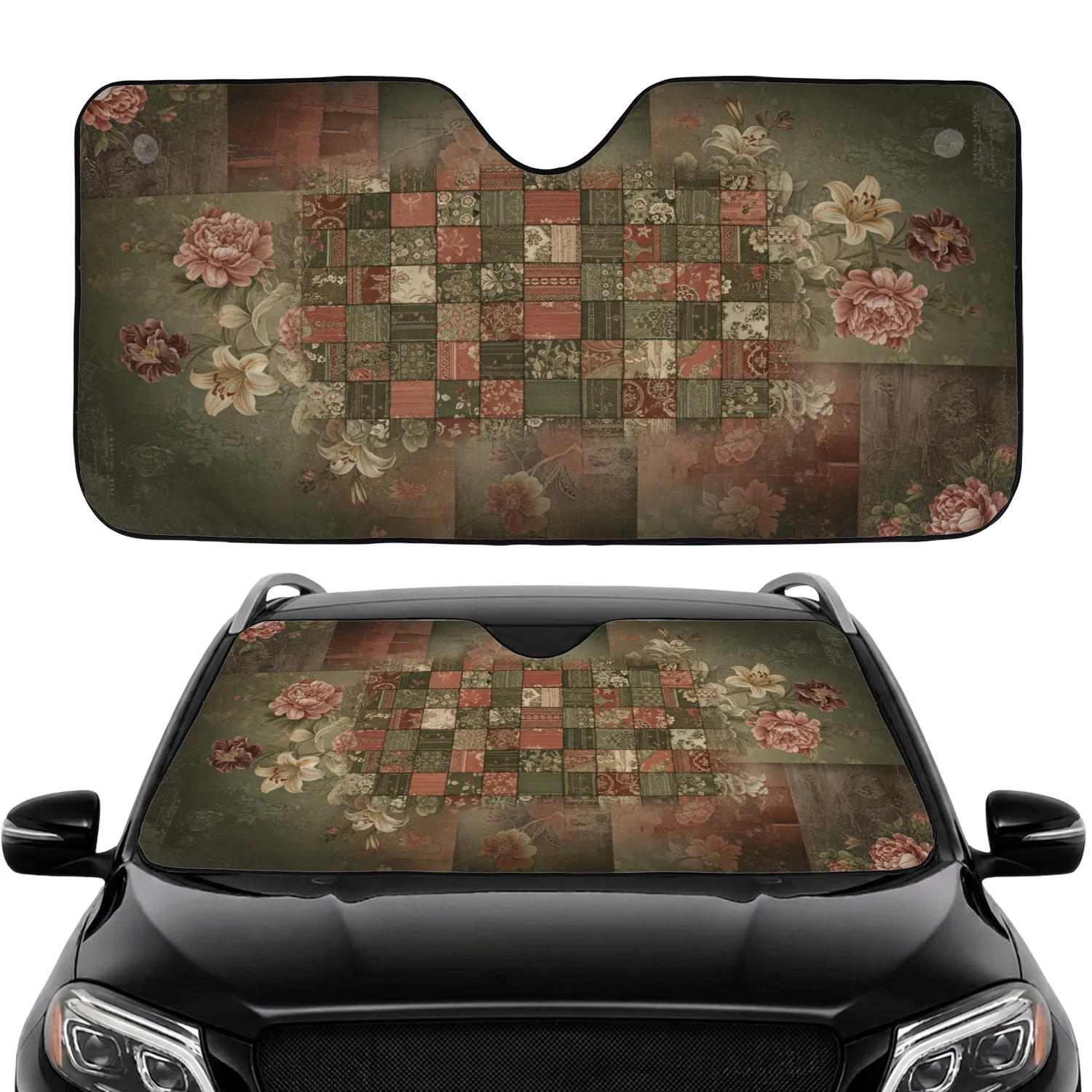 Antique Wood Grain Floral Damask Peony Lily Botanical - Everyday Car Style for Car Lovers Car Sunshade - 1