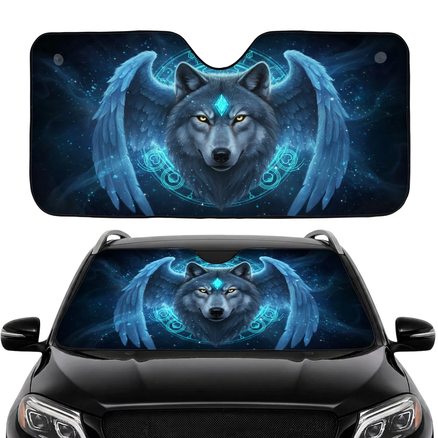 Grey Wolf Head Golden Eyes Cyan Diamond Ethereal Wings - Wildlife Lover Fantasy Gift Car Sunshade - 1