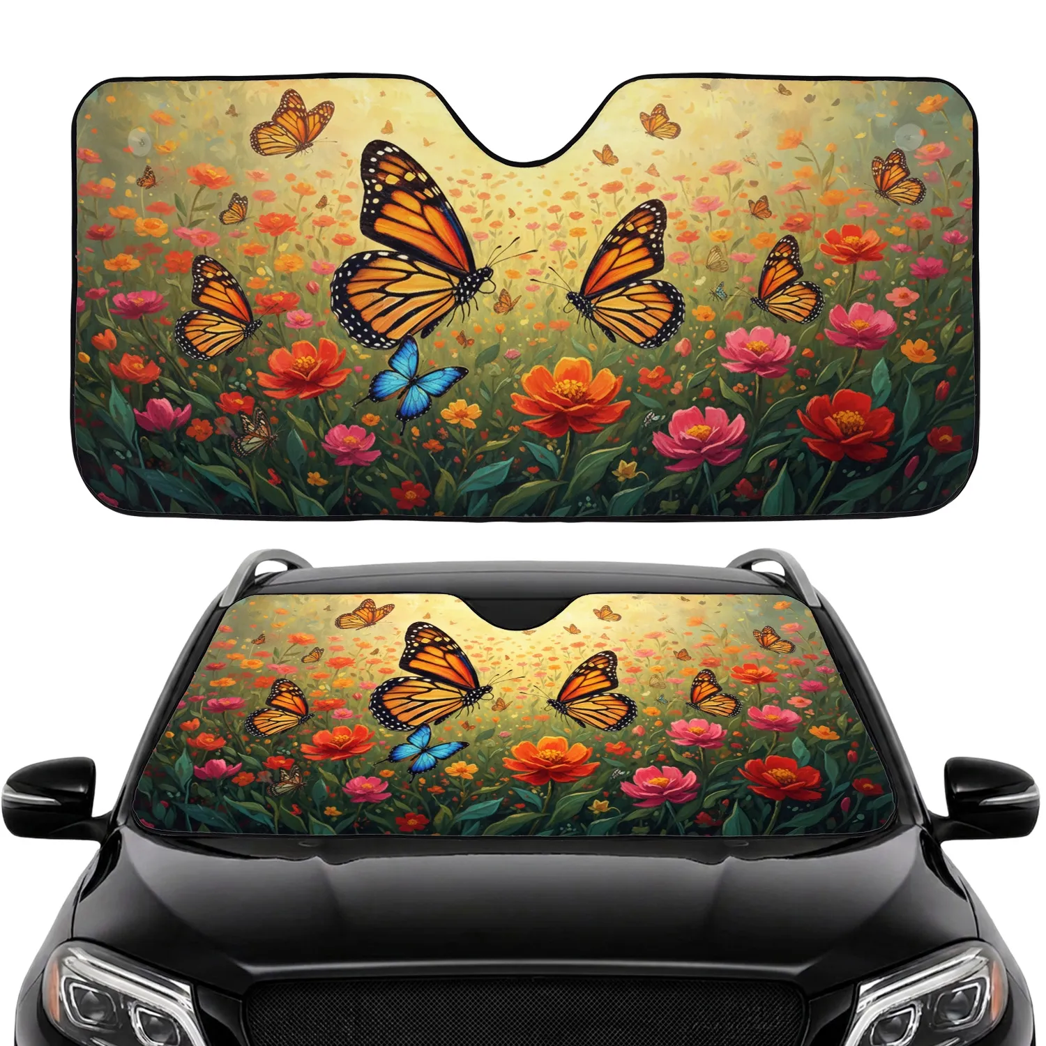 Monarch Butterflies Blooming Flower Garden - Nature Lover Gift Car Sunshade - 1