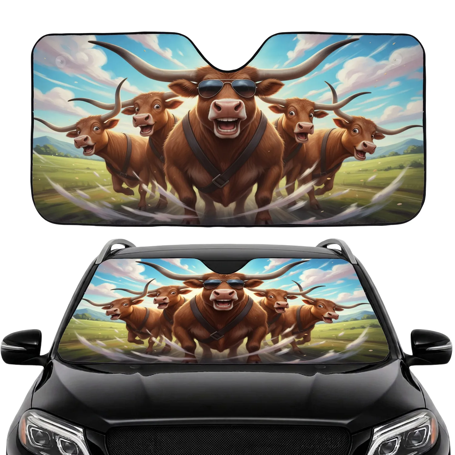 Expressive Longhorn Cattle Road Trip - Travel Adventure Essentials for Cow Lovers Car Sunshade - 1
