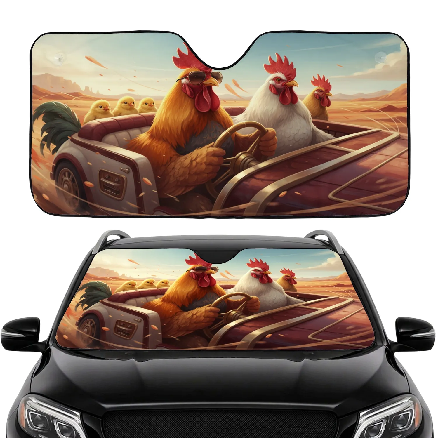 Cool Orange Rooster Driving Luxury Vehicle Desert Scene - Travel Gift for Adventurers Car Sunshade - 1
