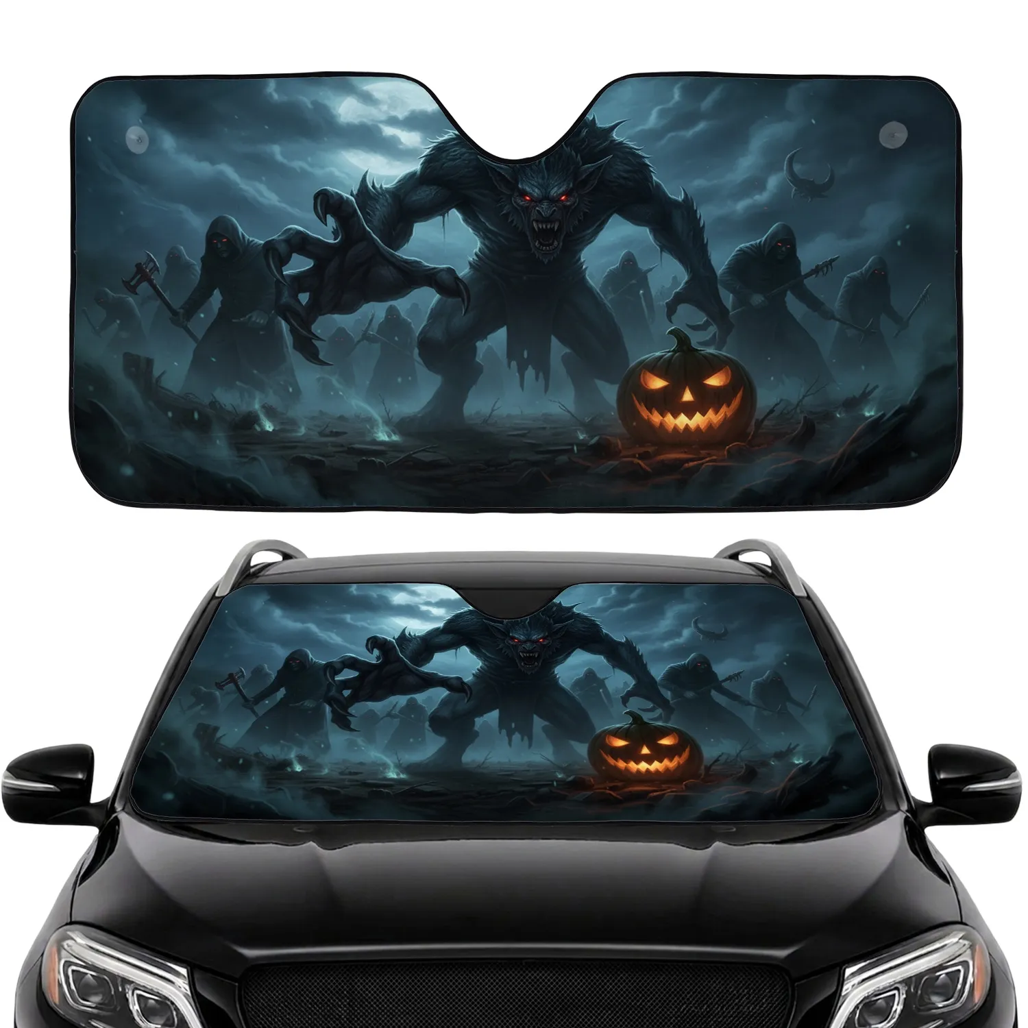 Menacing Dark Beast Glowing Eyes Jack-o'-Lantern - Horror Fan Gift Car Sunshade - 1