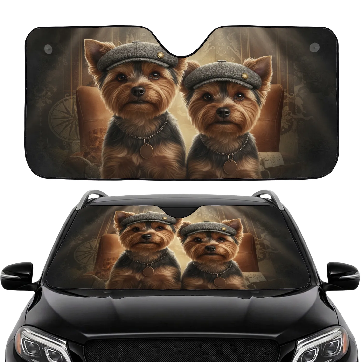 Yorkshire Terriers Flat Caps Dog Tags Vintage Study - Dog Lover Gift Car Sunshade - 1