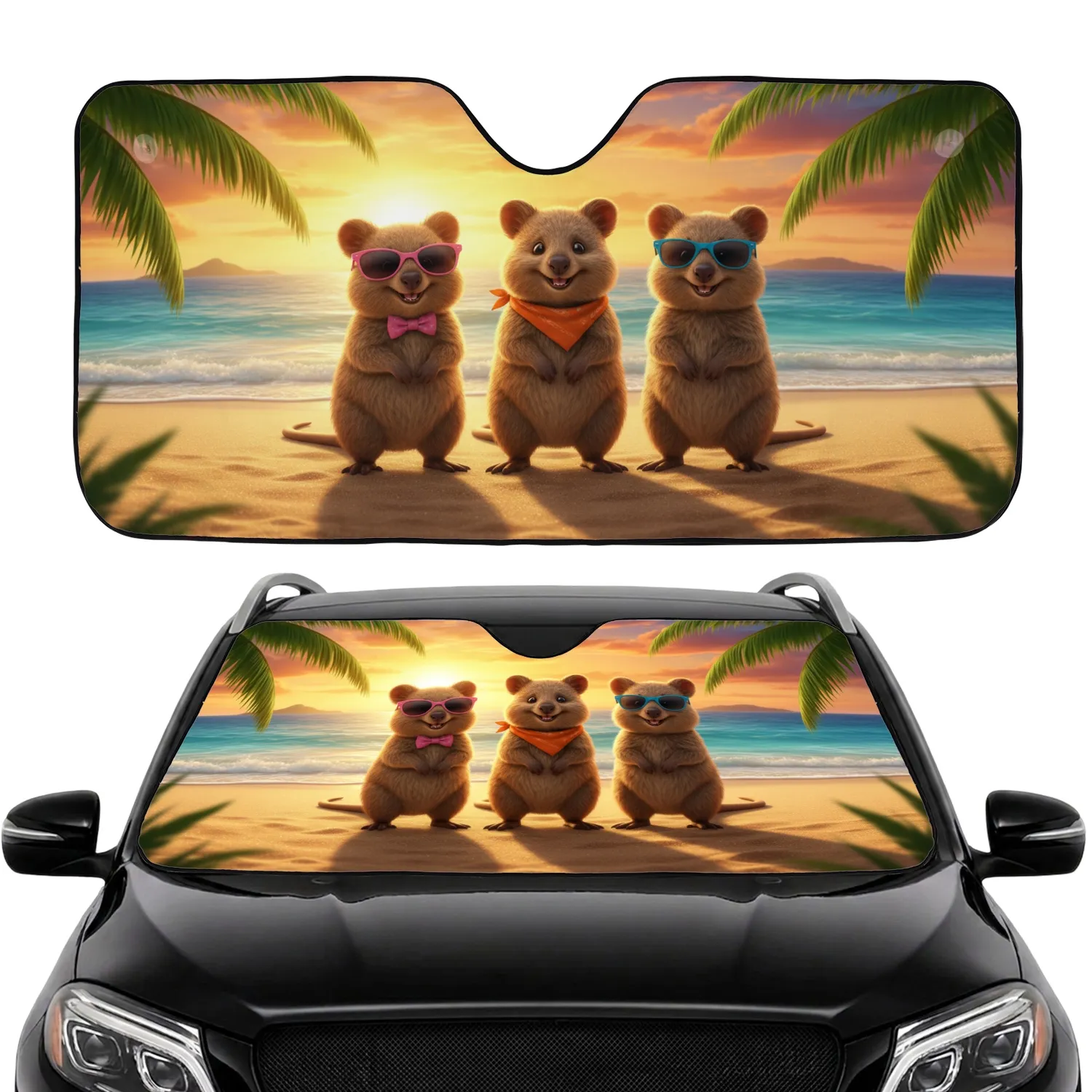 Quokka Family Tropical Beach Sunset - Beach Life Animal Lover Gift Car Sunshade - 1