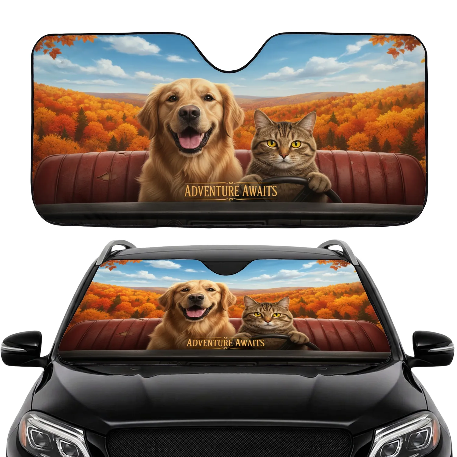 Golden Retriever Tabby Cat Autumn Road Trip - Everyday Pet Lover Gift Car Sunshade - 1