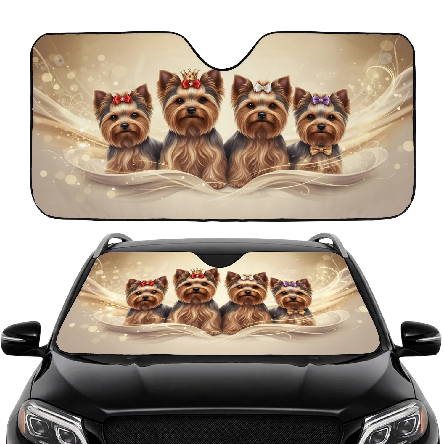 Yorkshire Terriers Golden Crowns Flowing Ribbons - Luxury Pet Lover Gift Car Sunshade - 1