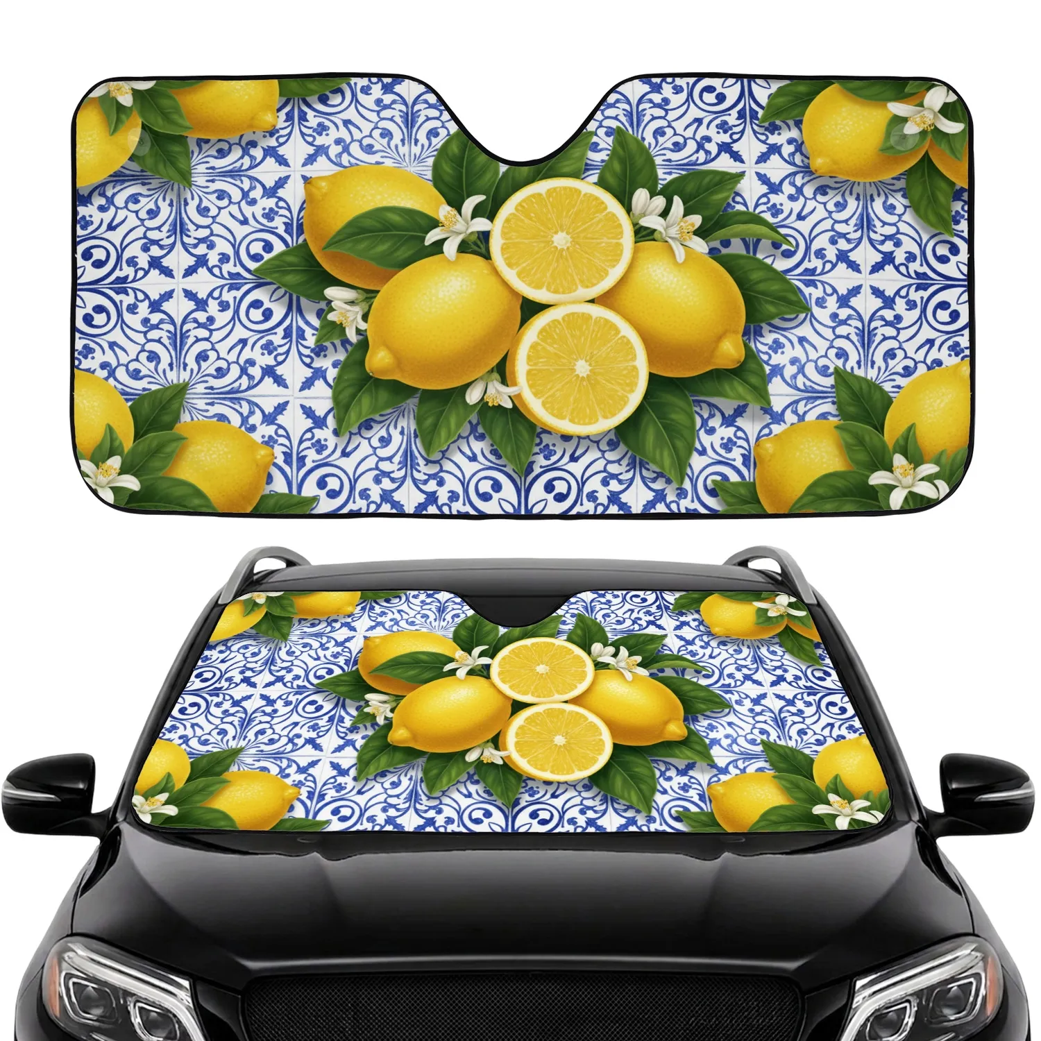 Yellow Lemons Green Leaves Portuguese Azulejo Tiles - Kitchen Lovers Car Decor Gift Car Sunshade - 1