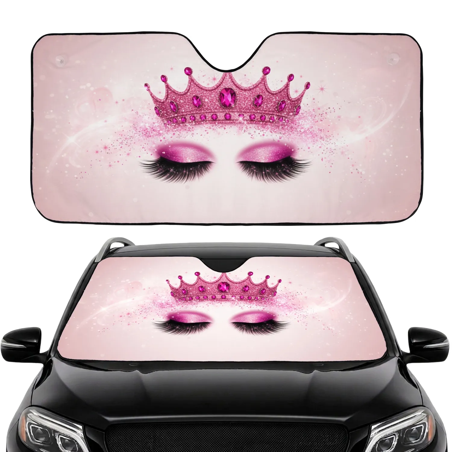 Glittery Pink Crown Black Eyelashes Magenta Silver Stardust - Luxury Style Gift for Women Car Sunshade - 1