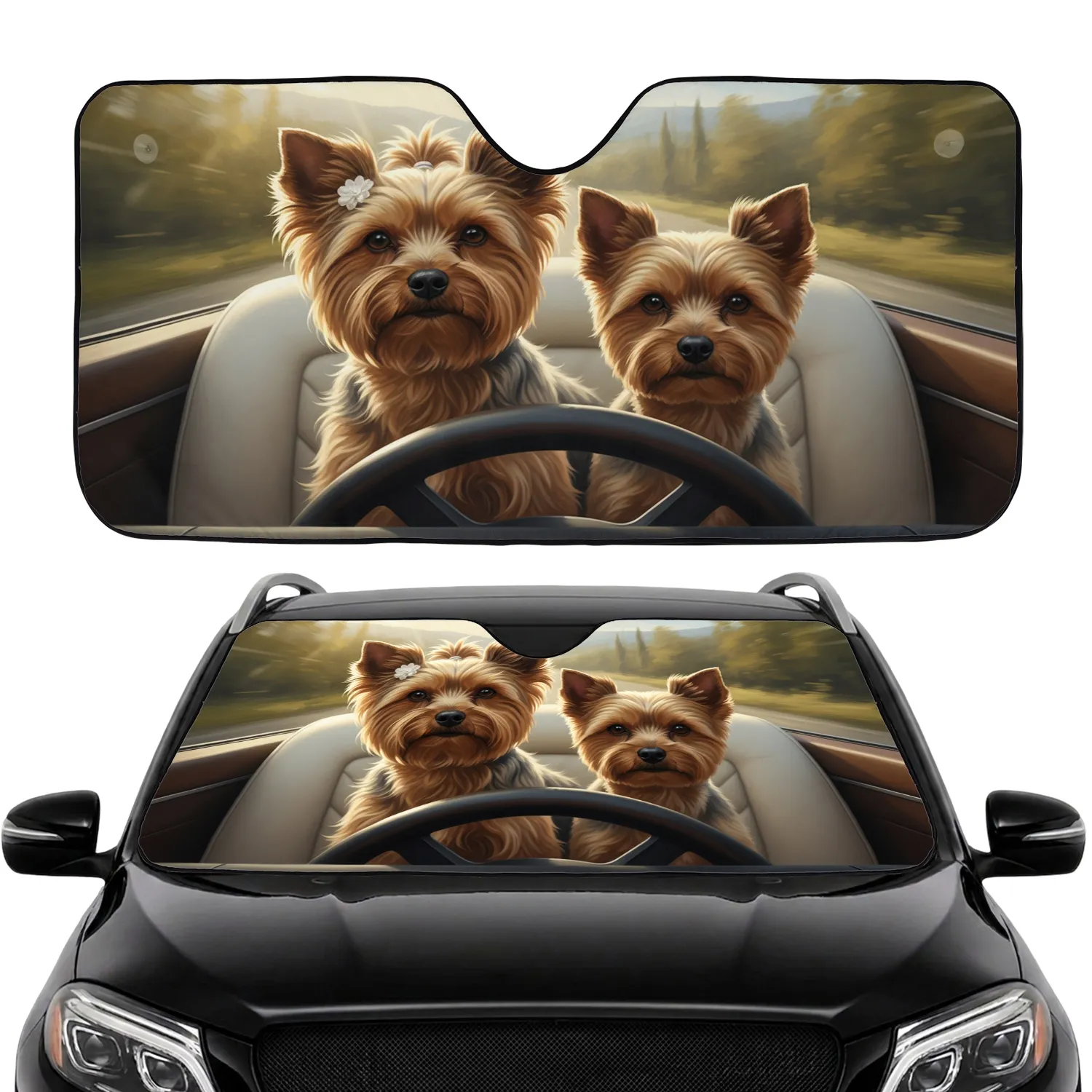 Yorkshire Terriers Golden Sunlight Interior - Road Trip Dog Lover Gift Car Sunshade - 1