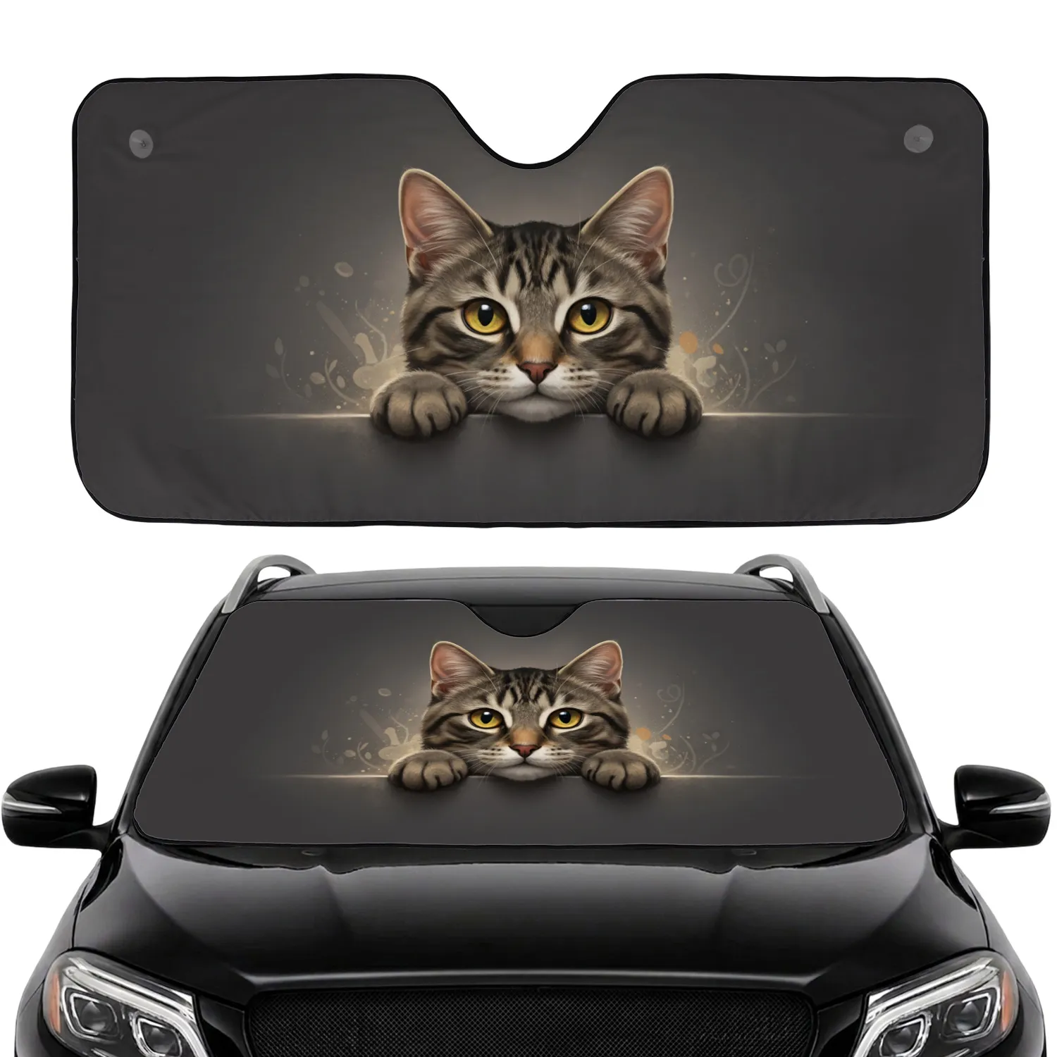 Tabby Cat Wide Yellow Eyes, Lifelike Fur - Car Decor Gift for Cat Lovers Car Sunshade - 1