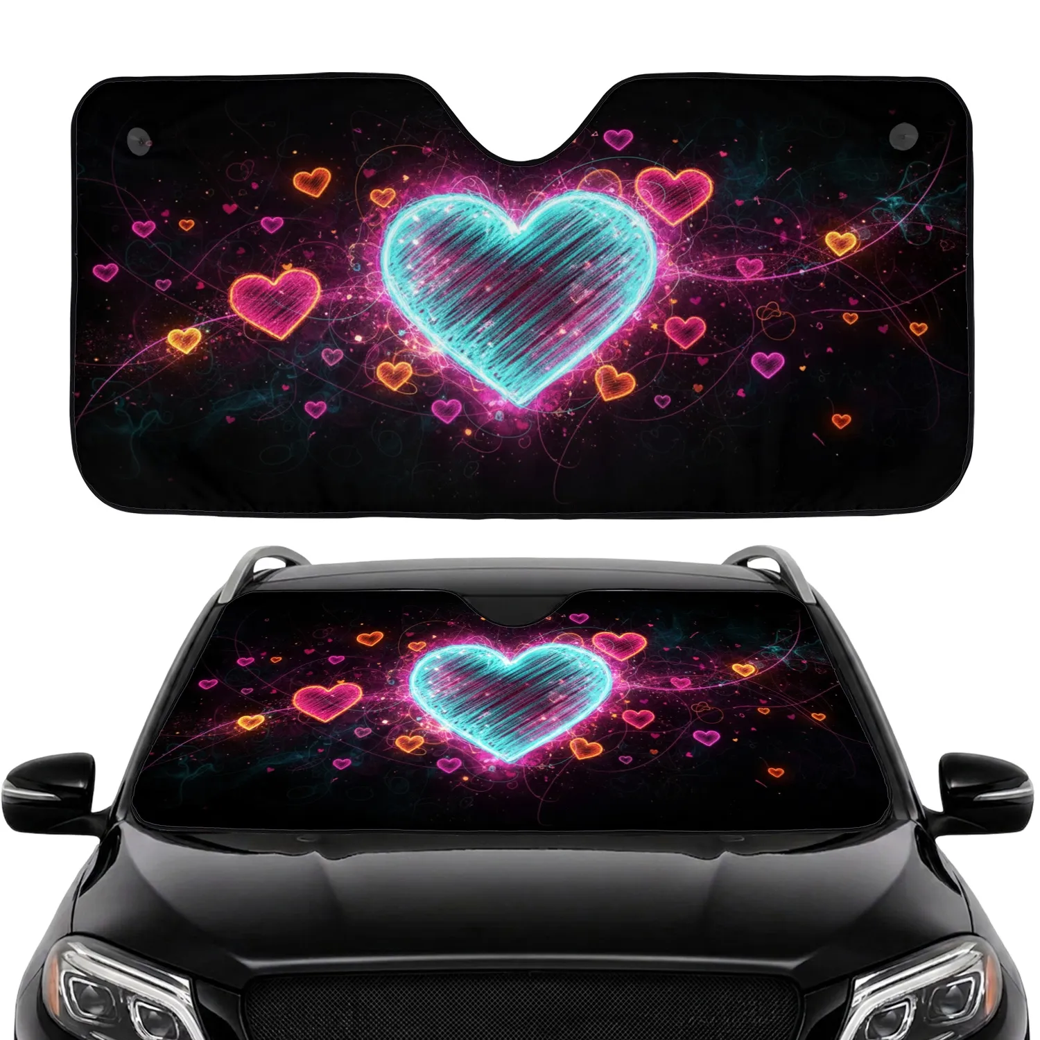 Neon Chalk Sketch Glowing Hearts Cosmic Energy Streaks - Auto Interior Decor Gift Car Sunshade - 1