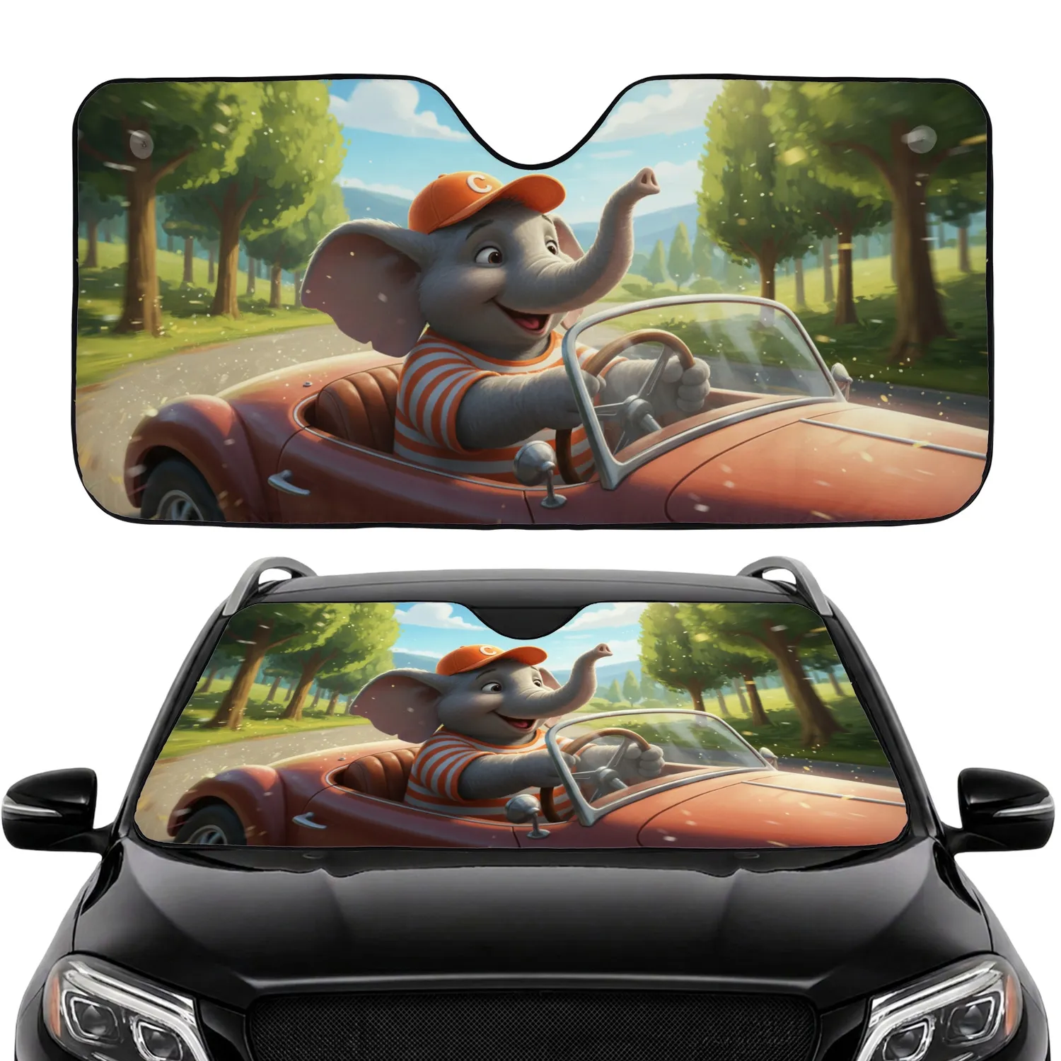 Cheerful Elephant Roadster Ride - Sunny Day Outdoor Adventure Gift Car Sunshade - 1