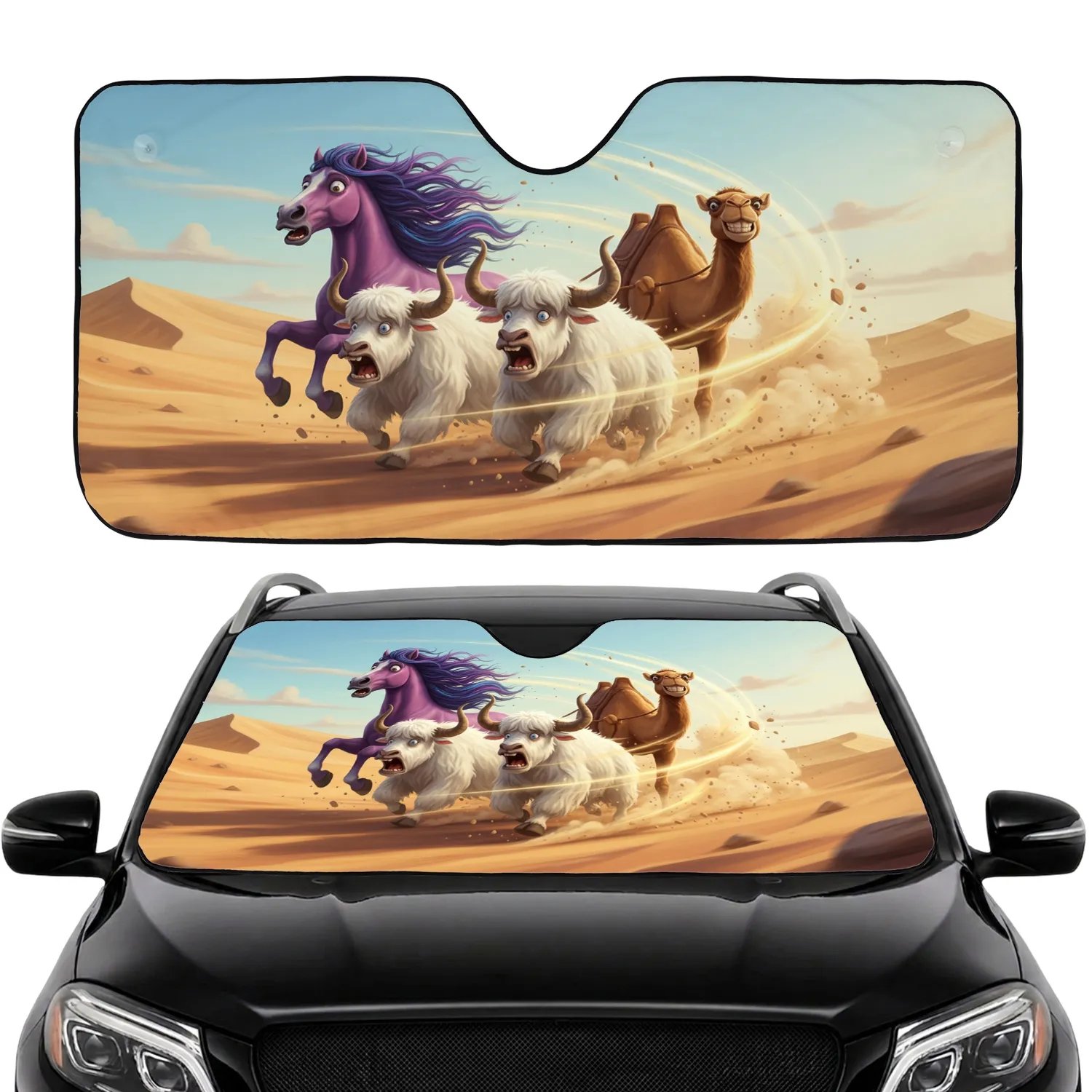 Startled Purple Horse Shocked Yaks Camel Driving Desert Dunes - Animal Lover Gift Car Sunshade - 1