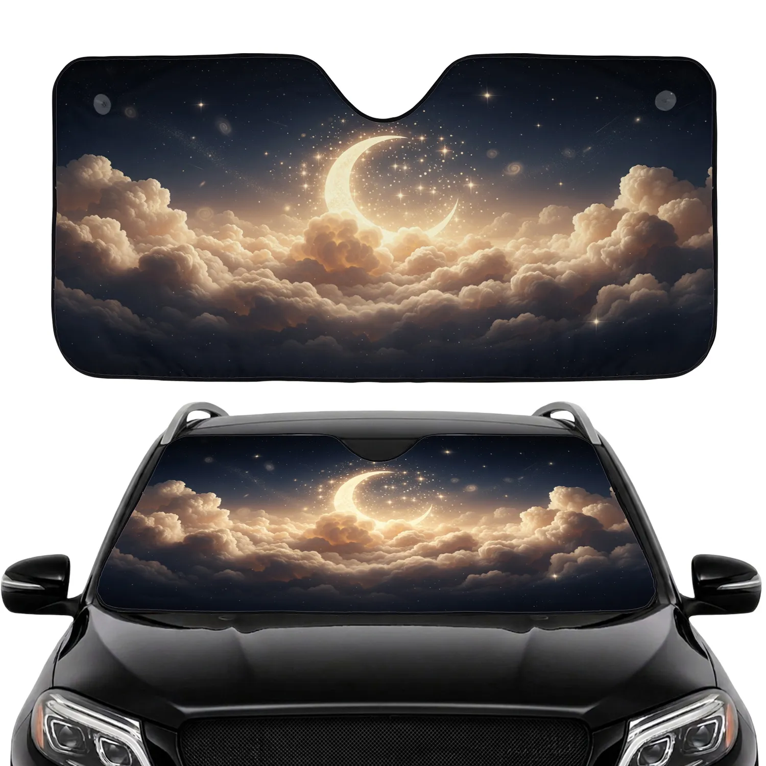 Crescent Moon Stars Clouds Nebulae Stardust Cosmic Night Sky - Car Decor Gift Car Sunshade - 1
