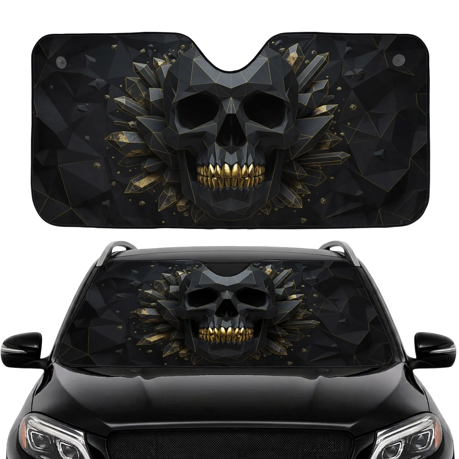 Polygonal Faceted Skull Golden Teeth Crystal Shards - Car Interior Decor Gift Car Sunshade - 1