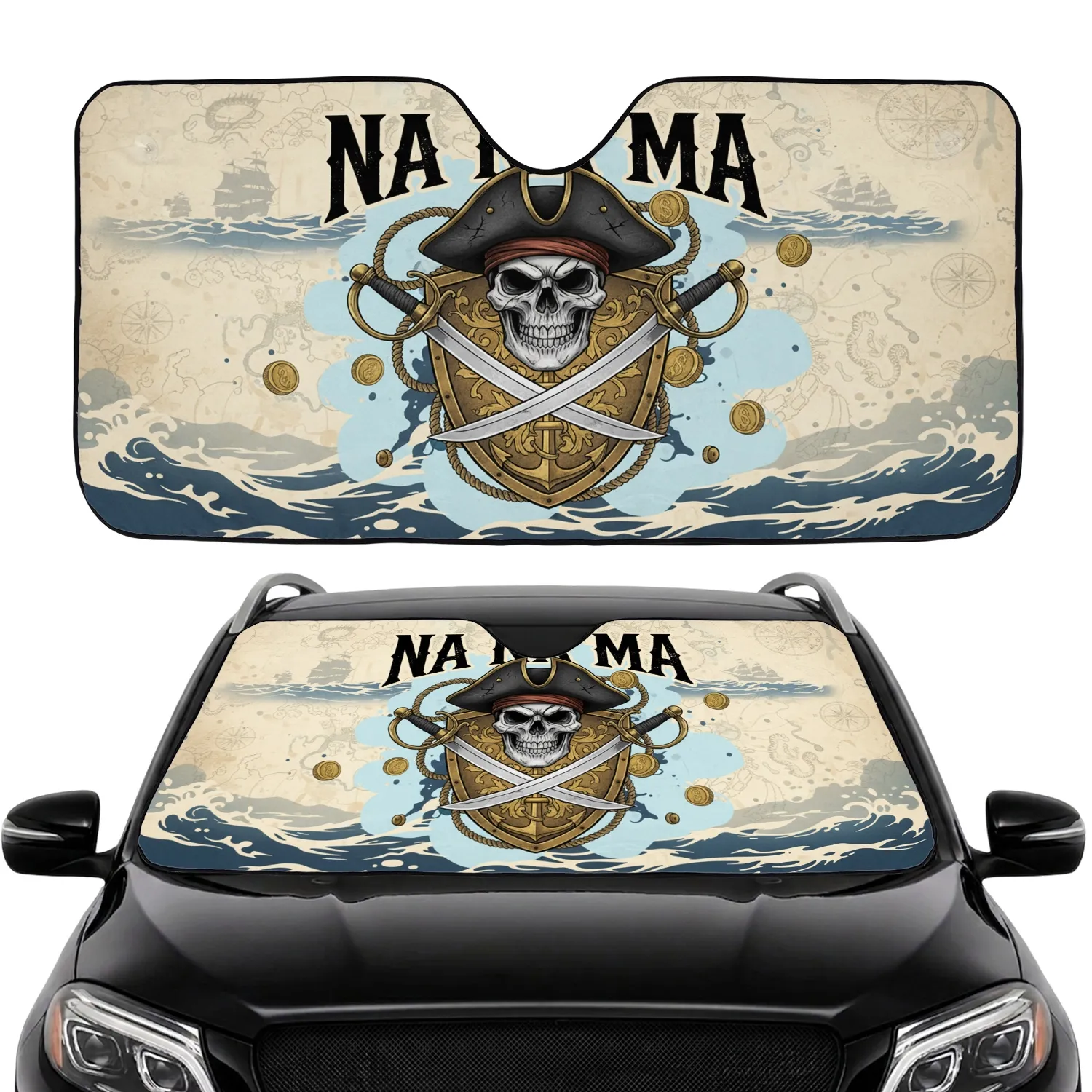 NA NA MA Pirate Skull Tricorn Cutlasses Shield - Nautical Adventure Gift for Swashbuckler Car Sunshade - 1