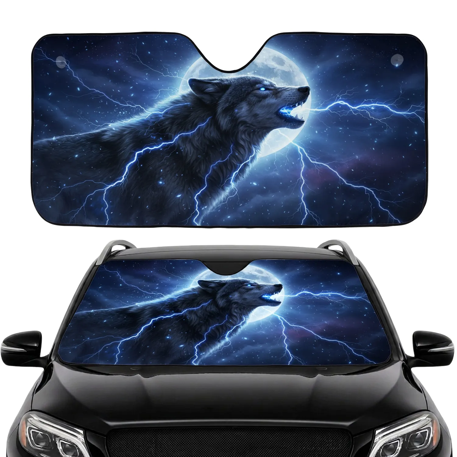 Majestic Howling Black Wolf Electric Lightning Full Moon Night Sky - Wildlife Lover Gift Car Sunshade - 1