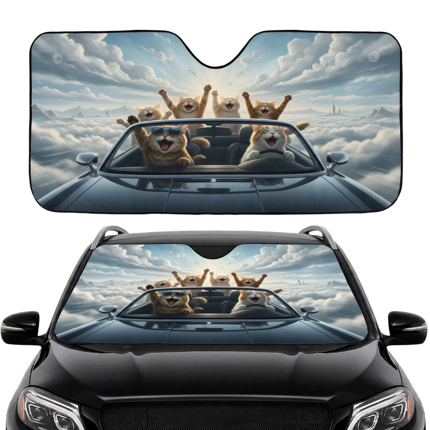 Anthropomorphic Cats Convertible Car Sky - Travel Essentials Gift Car Sunshade - 1