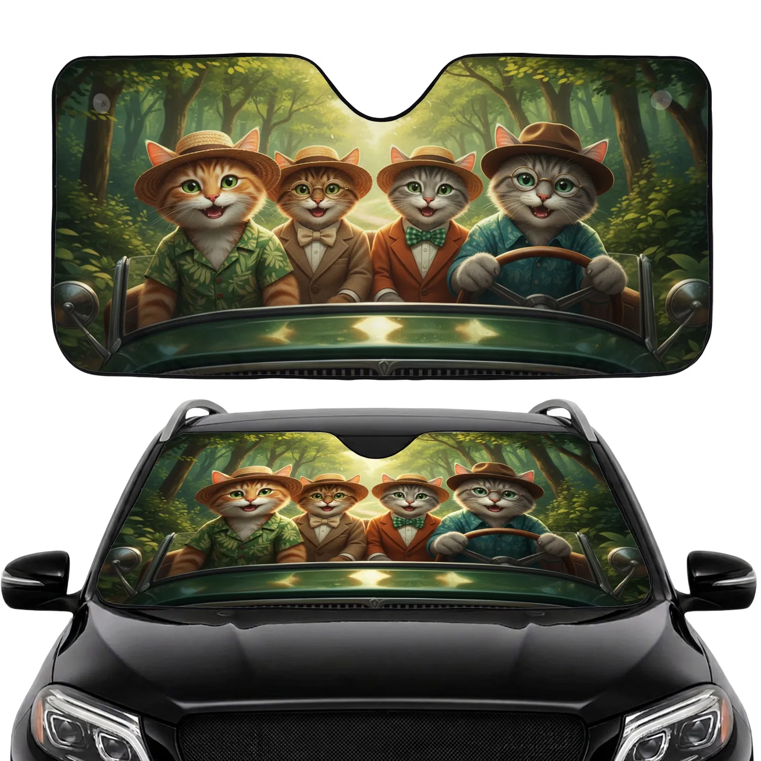 Four Smiling Cats Vintage Car Scenic Drive - Lush Green Forest Road Trip Gift for Drivers Car Sunshade - 1