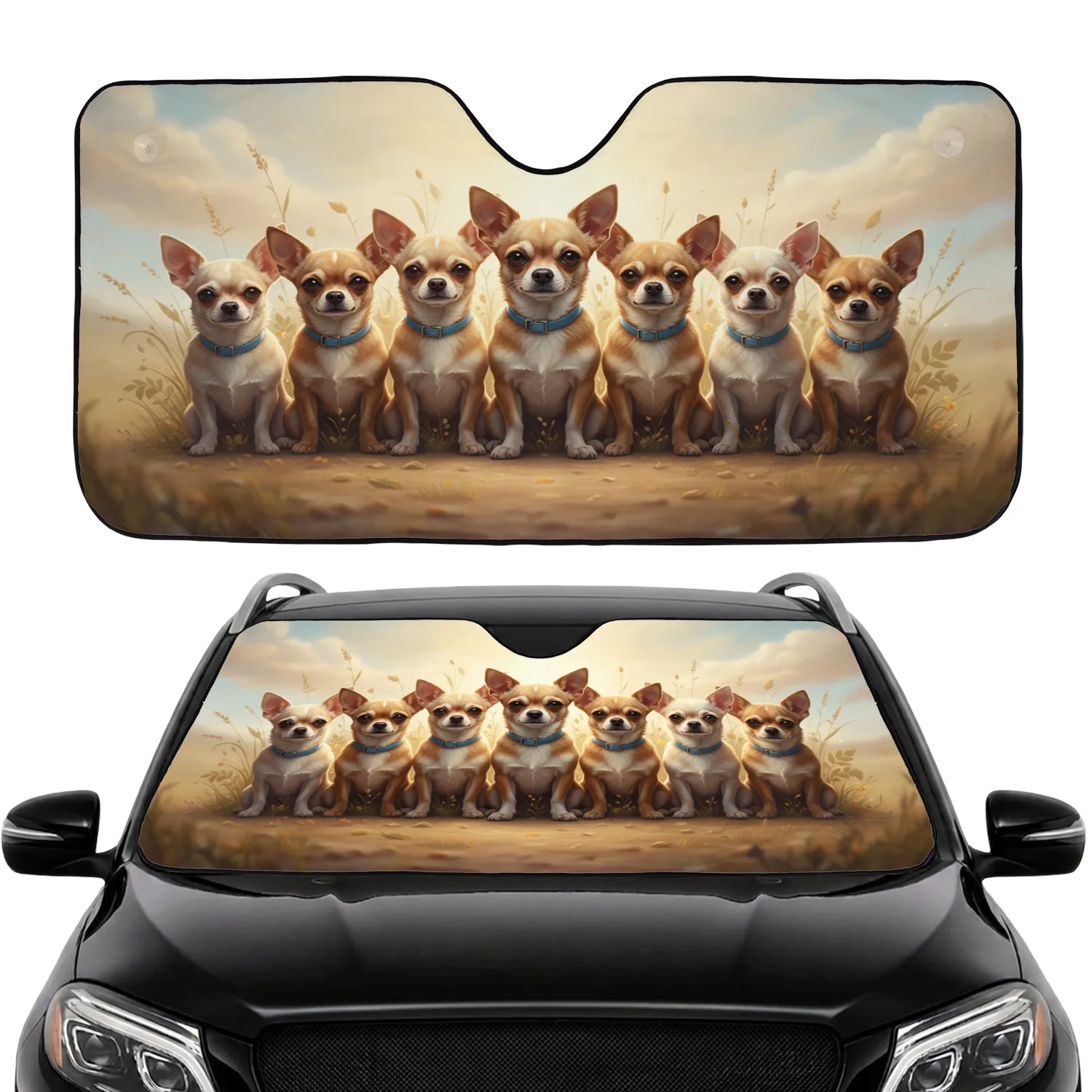 Attentive Chihuahua Dogs Blue Collar Ethereal Outdoor Landscape - Dog Lover Gift Car Sunshade - 1