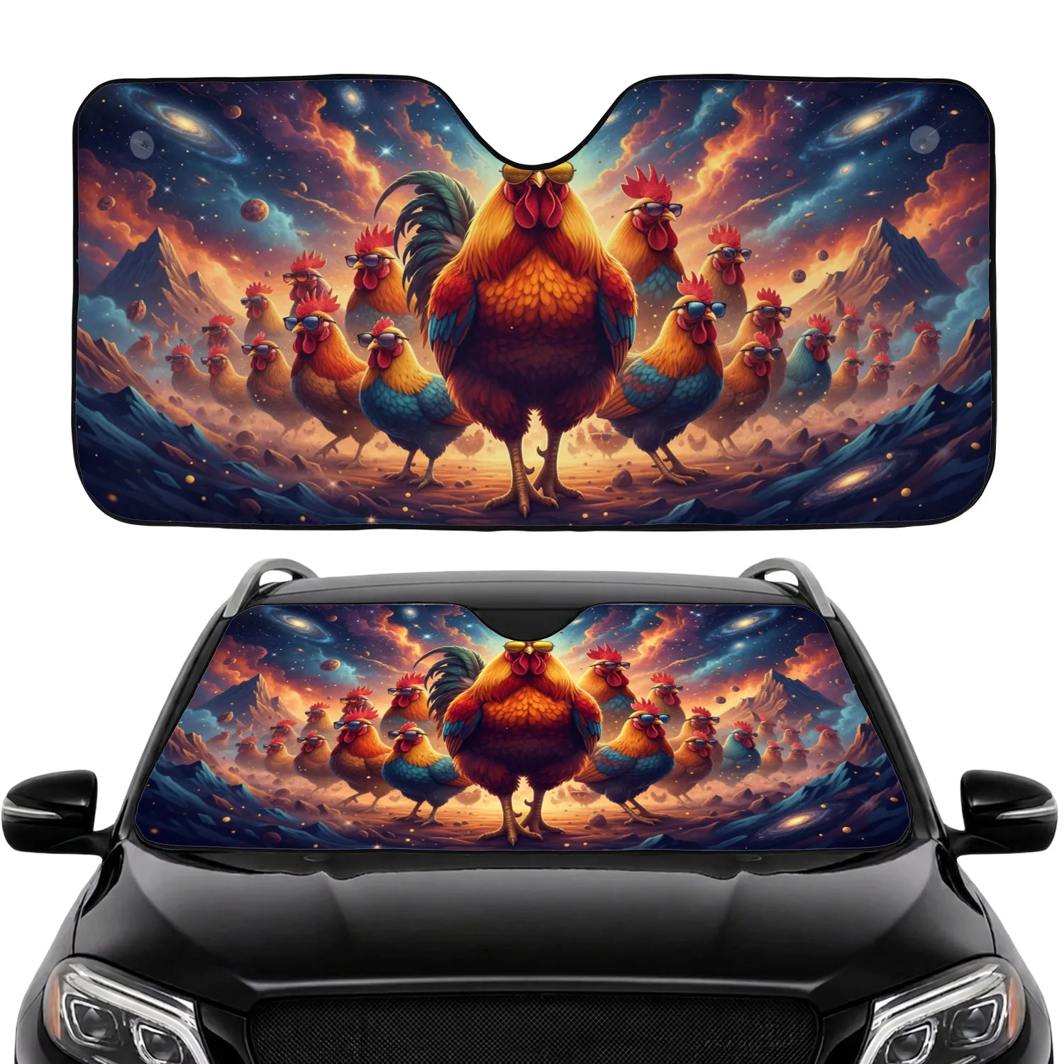 Majestic Rooster Sunglasses Cosmic Landscape - Wildlife Lover Gift for Rooster Lover Car Sunshade - 1