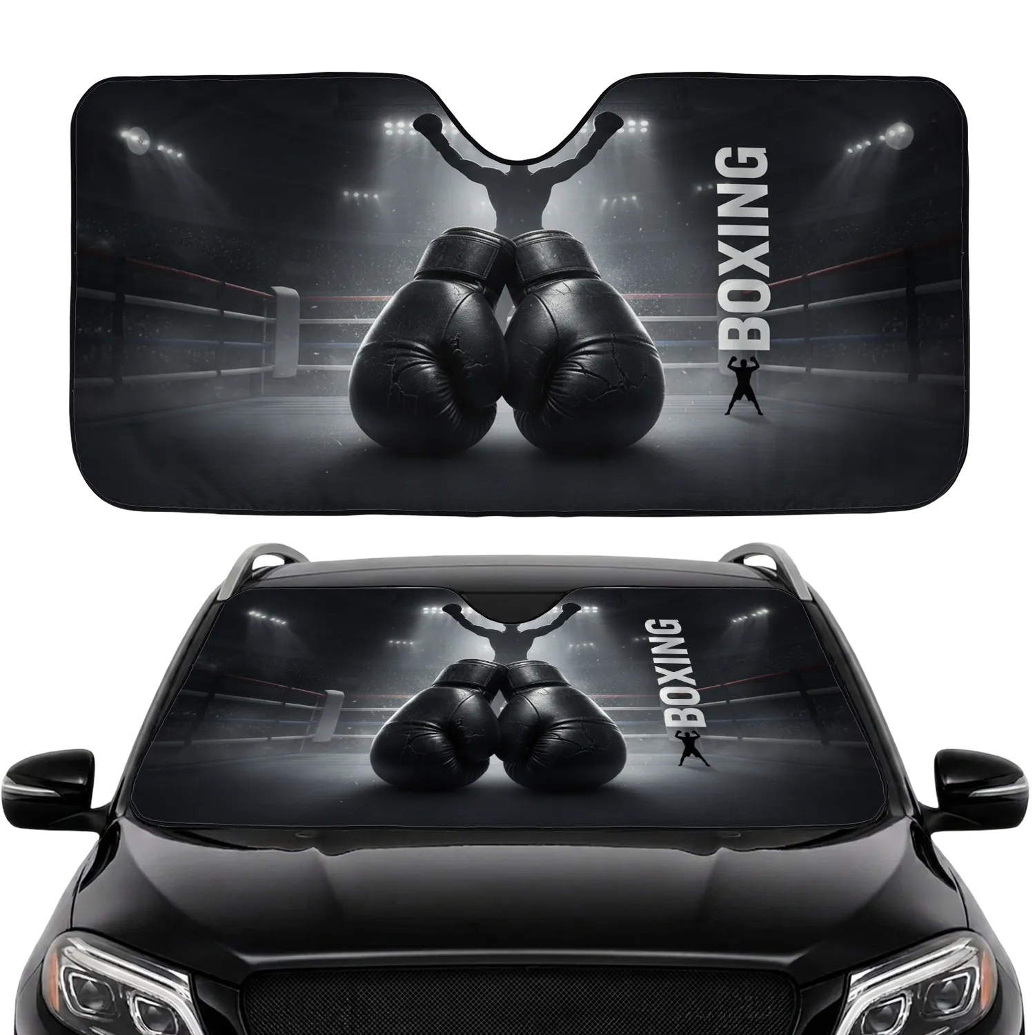 Worn Boxing Gloves Boxer Silhouette Arena - Sports Fan Gift for Boxing Fans Car Sunshade - 1