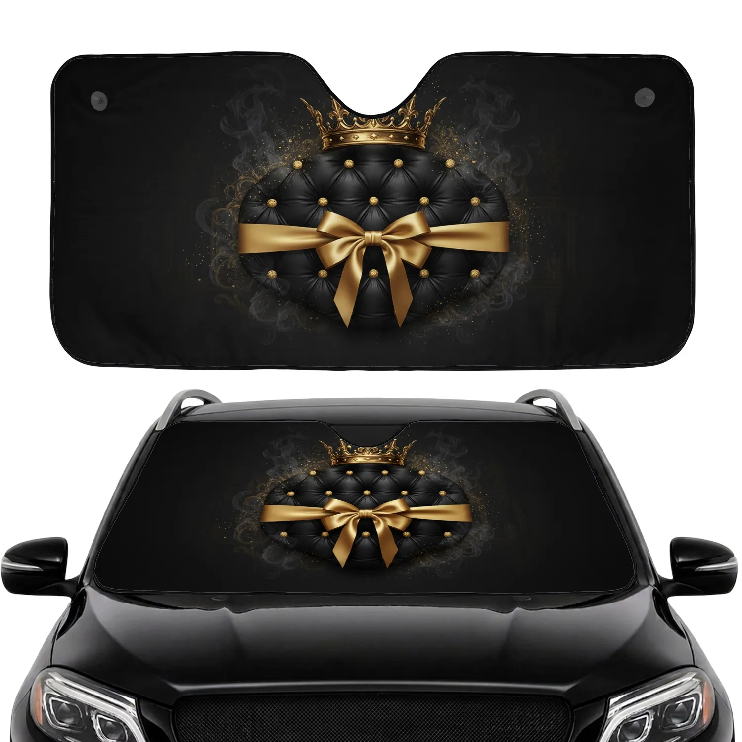Regal Golden Crown Tufted Leather Gold Ribbon Luxury Auto Gift Car Sunshade - 1
