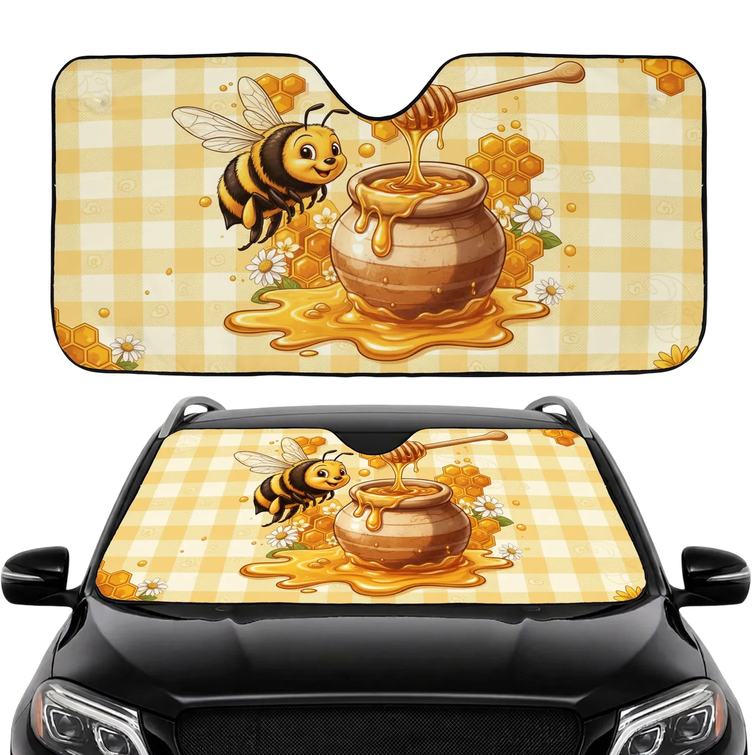 Plump Honeybee Honey Pot Golden Honey Gingham - Honey Lover Gift Car Sunshade - 1