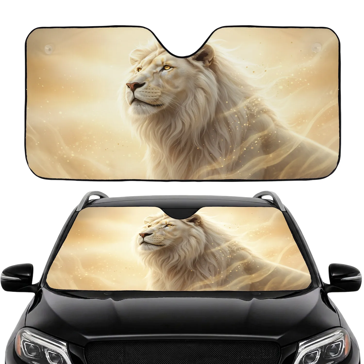 Noble White Lion Golden Eyes Golden Mist Radiant Sky - Wildlife Lover Gift Car Sunshade - 1