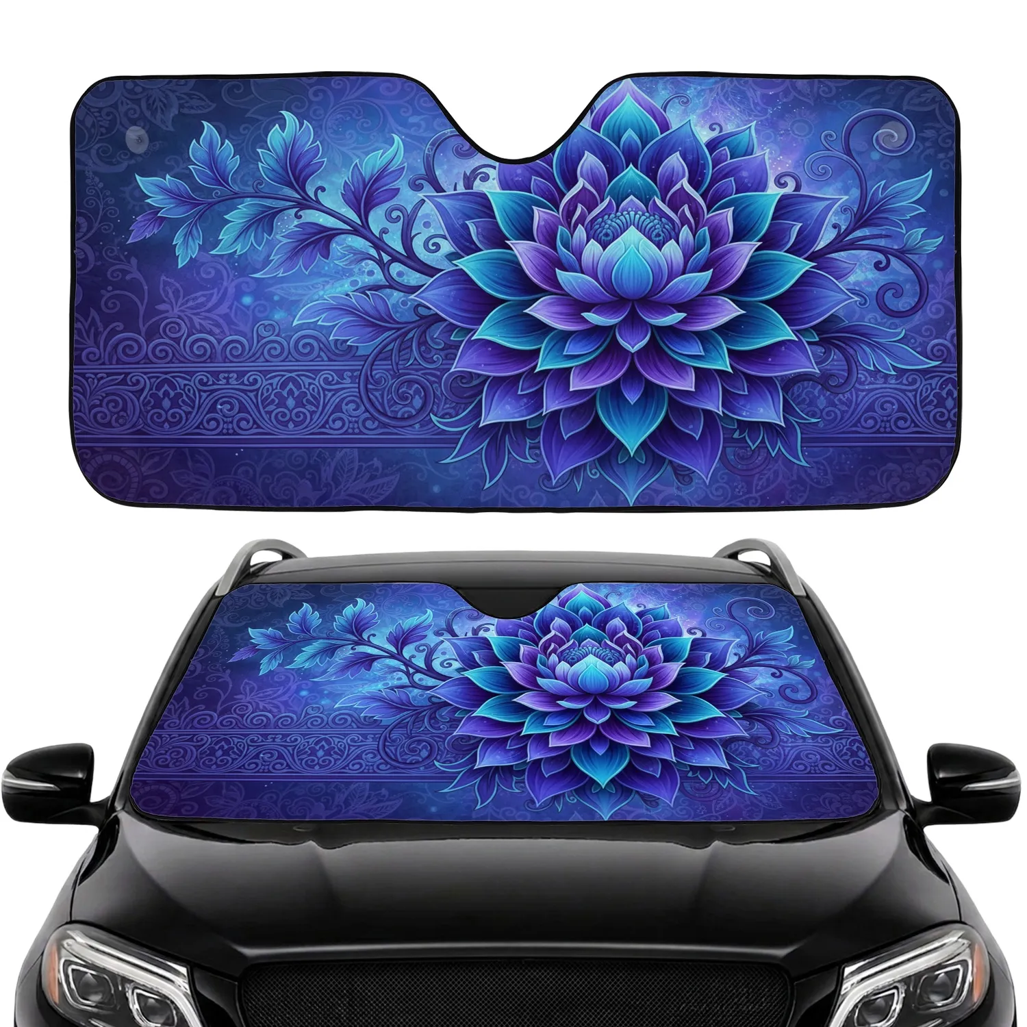 Lotus Mandala Floral Botanical Vines Organic Swirls Scrolling Band - Car Decor Gift Car Sunshade - 1