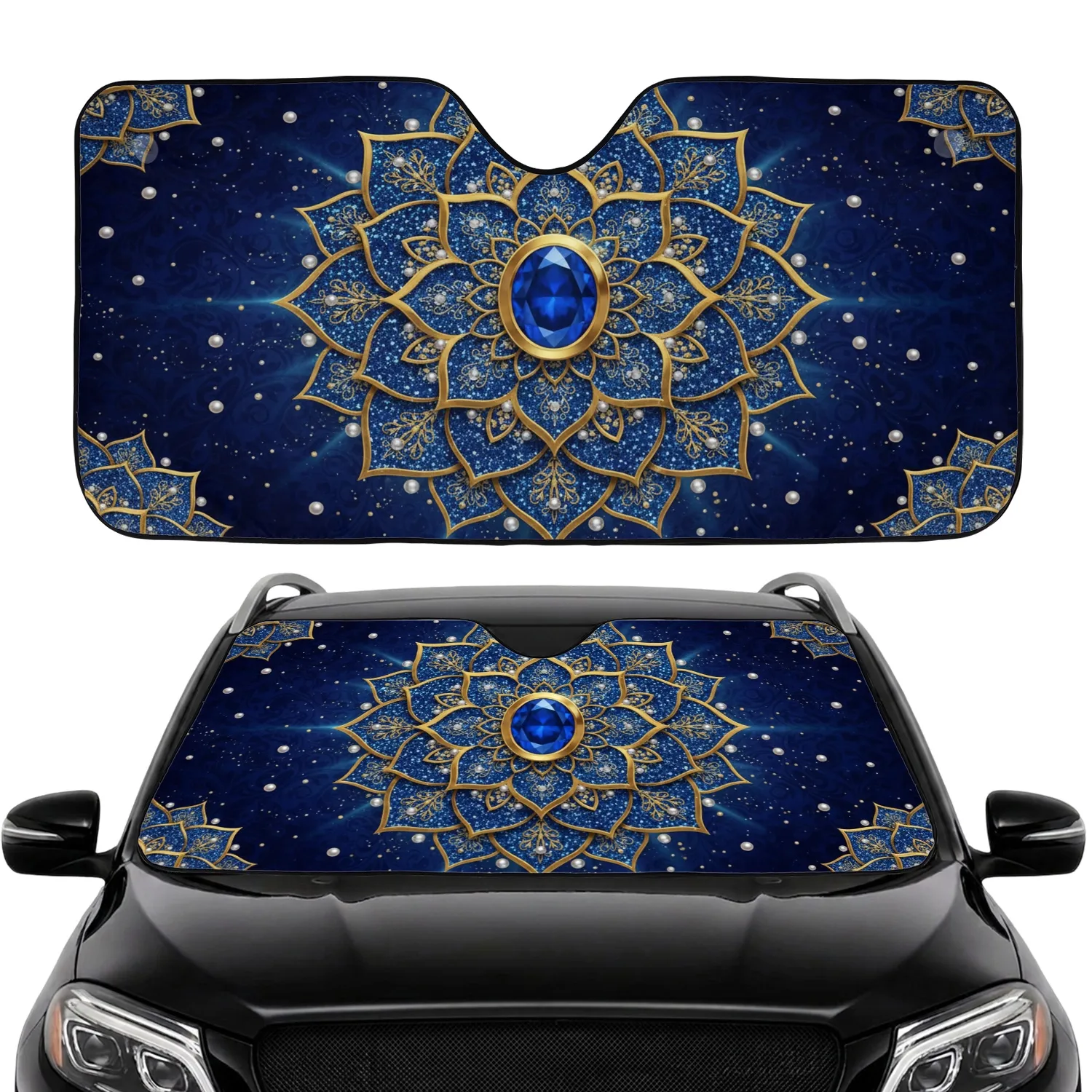 Mandala Flower Deep Blue Glitter Gold Filigree Glowing Gem - Car Decor Gift Car Sunshade - 1