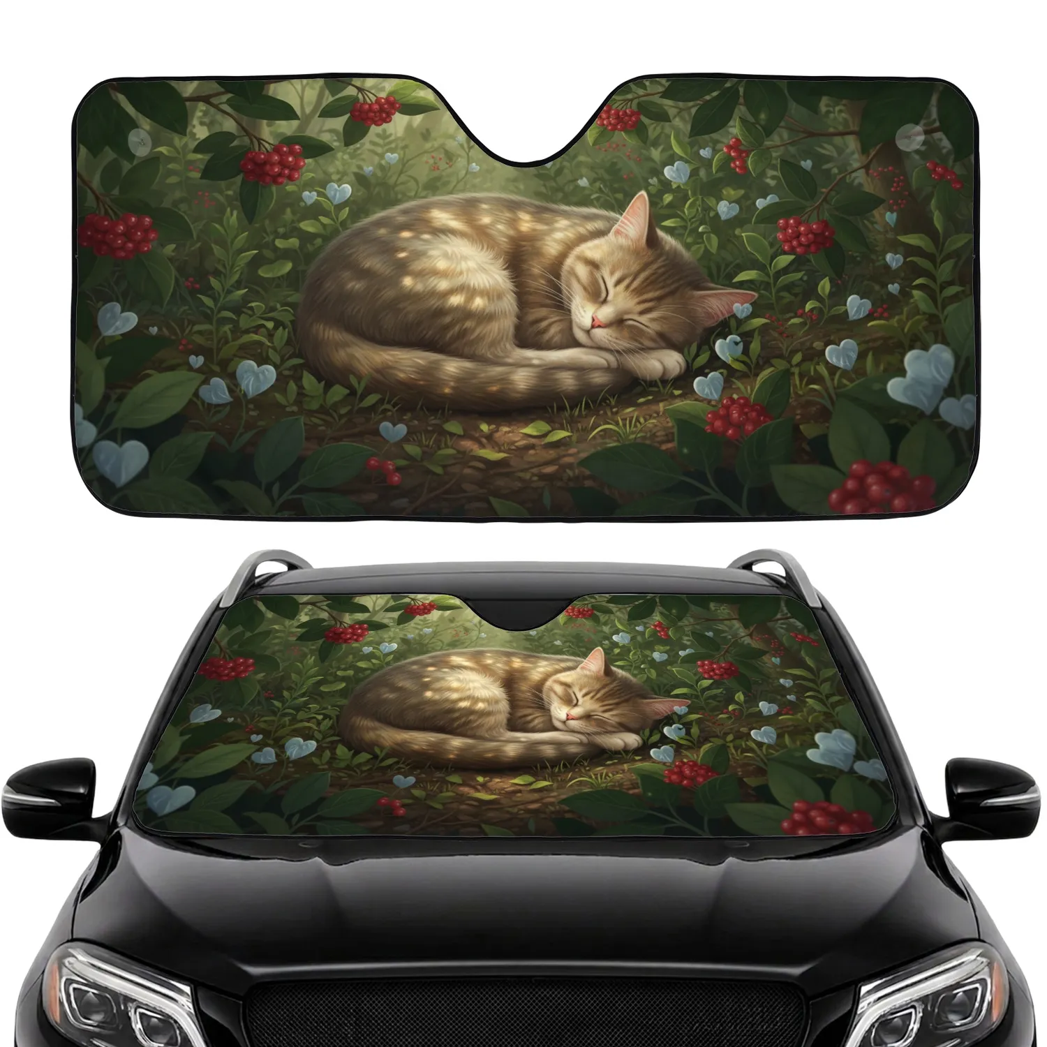 Pink Nose Sleeping Tabby Cat Lush Forest Undergrowth Red Berries - Cat Lover Gift Car Sunshade - 1