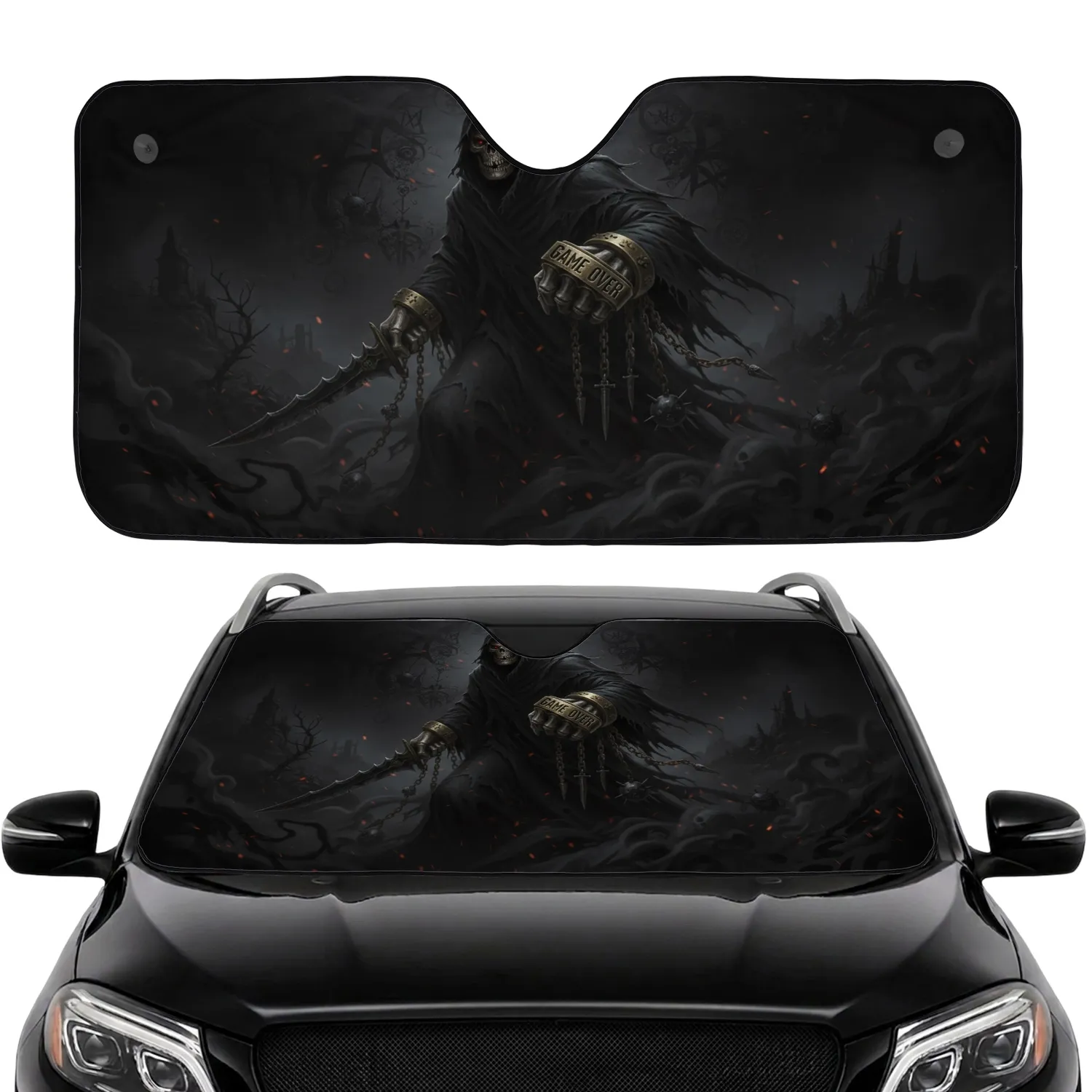 Terrifying Grim Reaper Cloaked Figure Brass Knuckles Blade Skull Chains 'GAME OVER' - Gothic Collector Gift Car Sunshade - 1