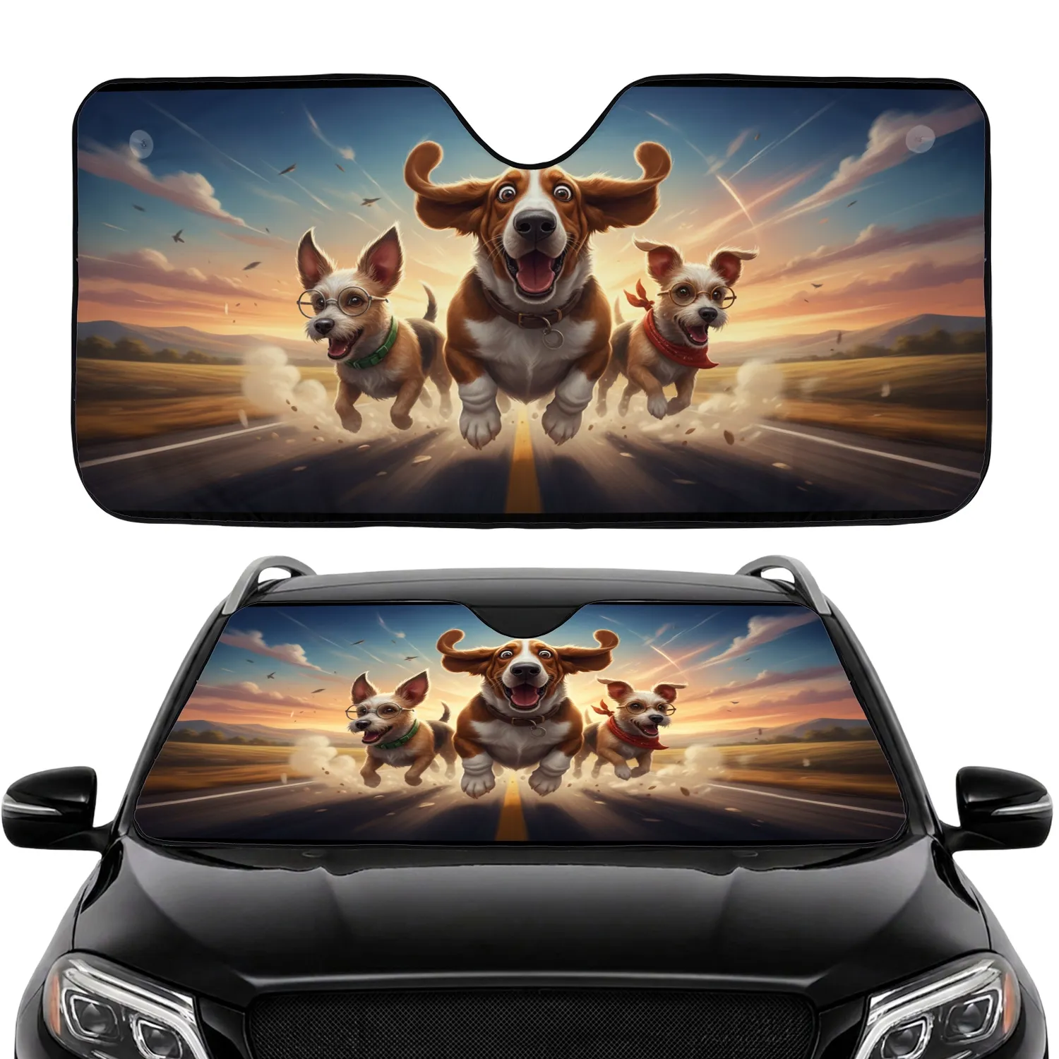 Dog Trio Road Adventure - Road Trip Essential Dog Lover Gift Car Sunshade - 1