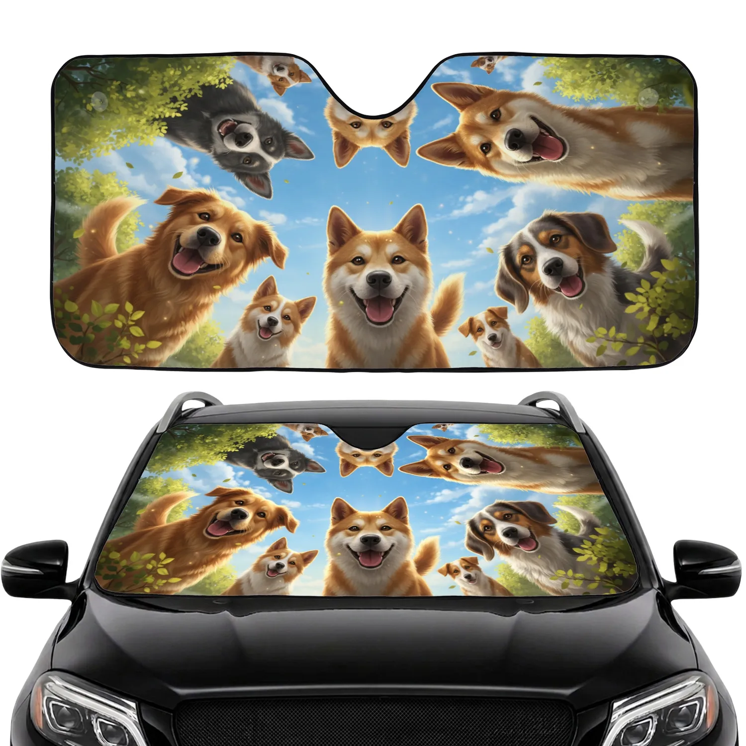 Diverse Dog Breeds Smiling Happy Outdoor Sky Trees - Dog Lover Gift Car Sunshade - 1