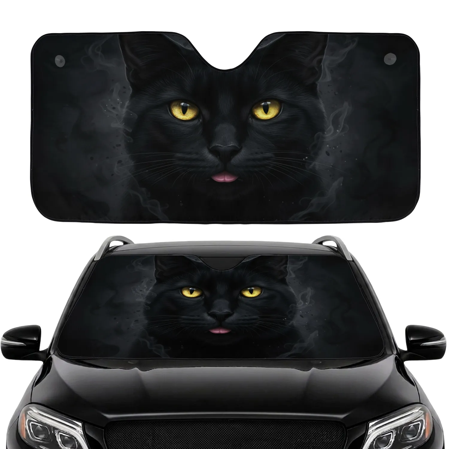 Close-Up Black Cat Face Golden Eyes Pink Tongue - Cat Lover Gift Car Sunshade - 1