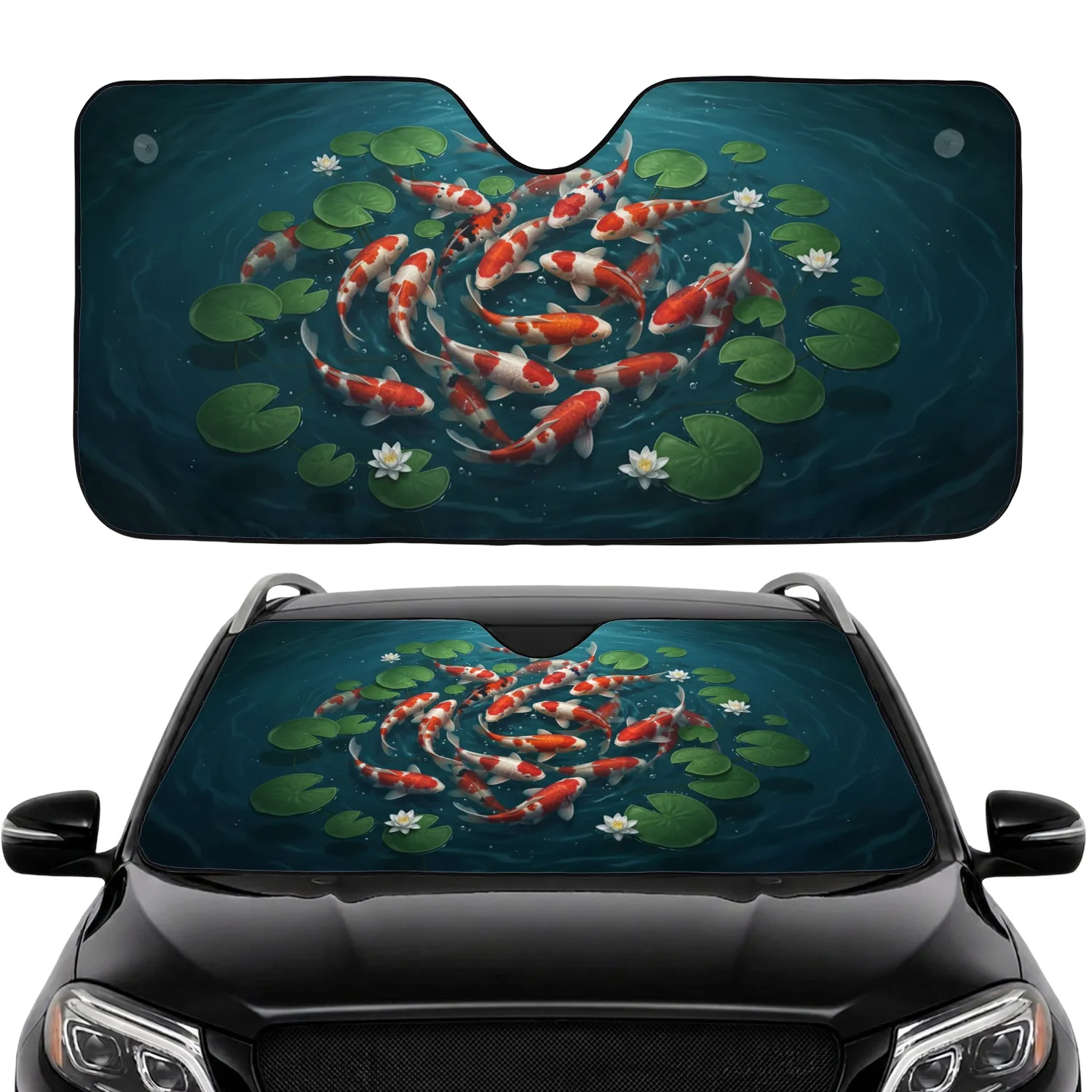 Koi Fish Water Lilies Pond White Blossoms - Wildlife Lover Gift for Fish Lovers Car Sunshade - 1