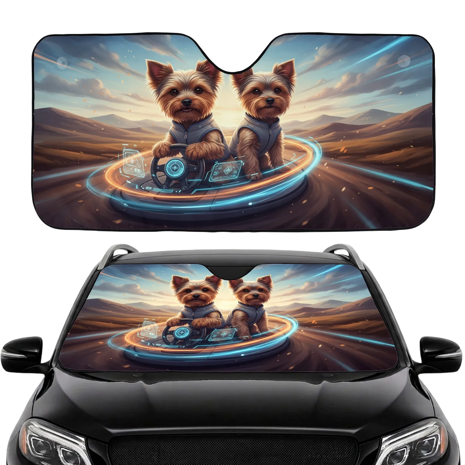 Yorkshire Terriers Driving Futuristic Adventure - Pet Owner Road Trip Gift Car Sunshade - 1