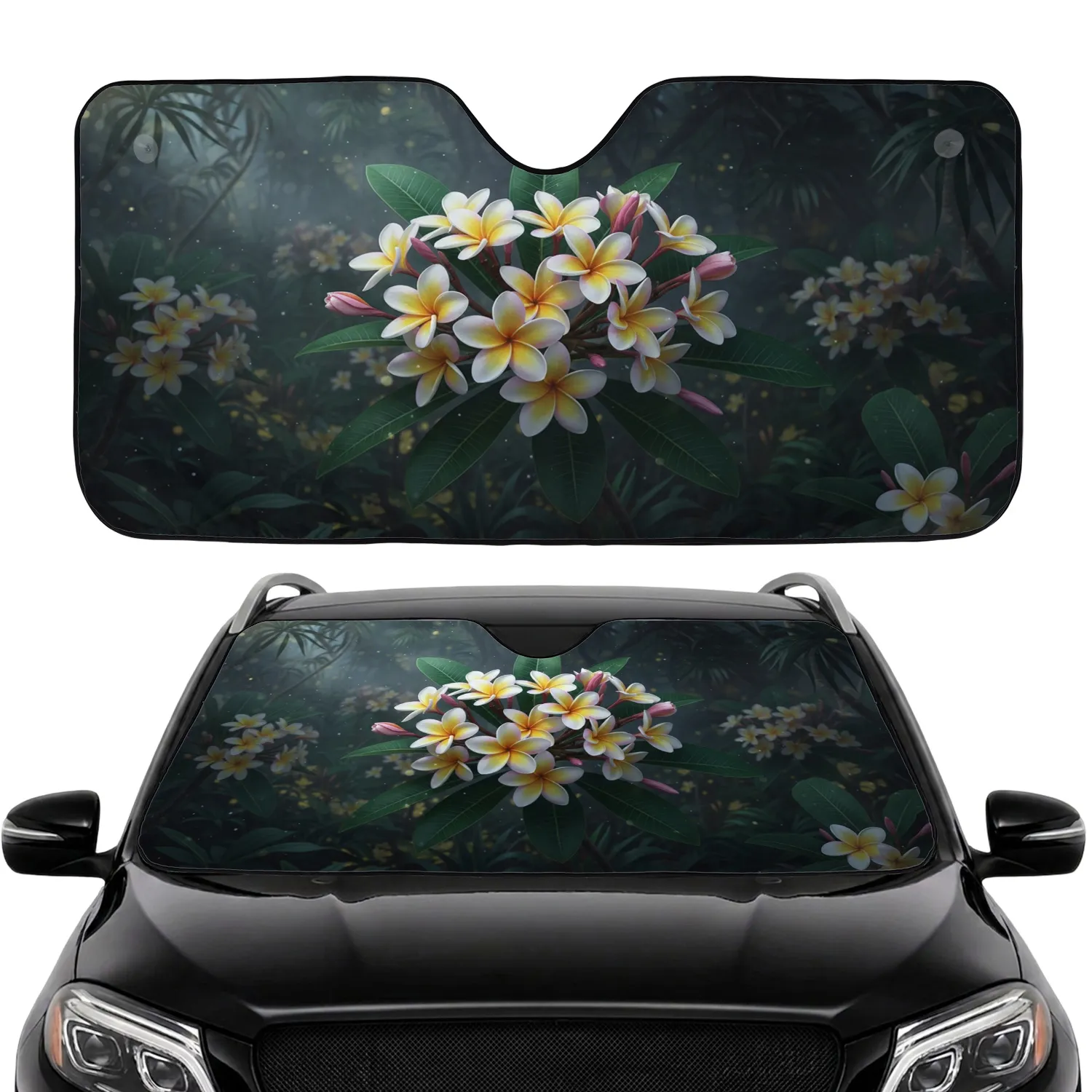 Opulent Frangipani Flowers Deep Green Leaves - Tropical Car Decor Gift Car Sunshade - 1