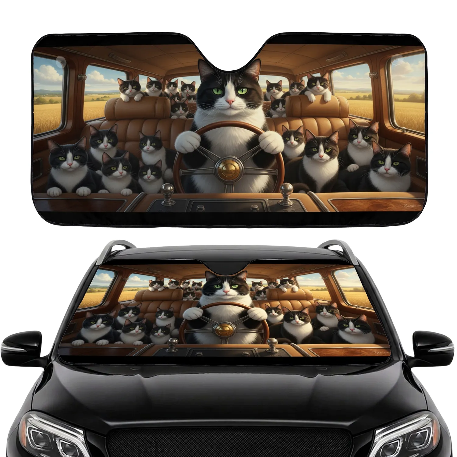 Tuxedo Cats Luxury Car Interior Pastoral Landscape - Cat Lover Gift Car Sunshade - 1