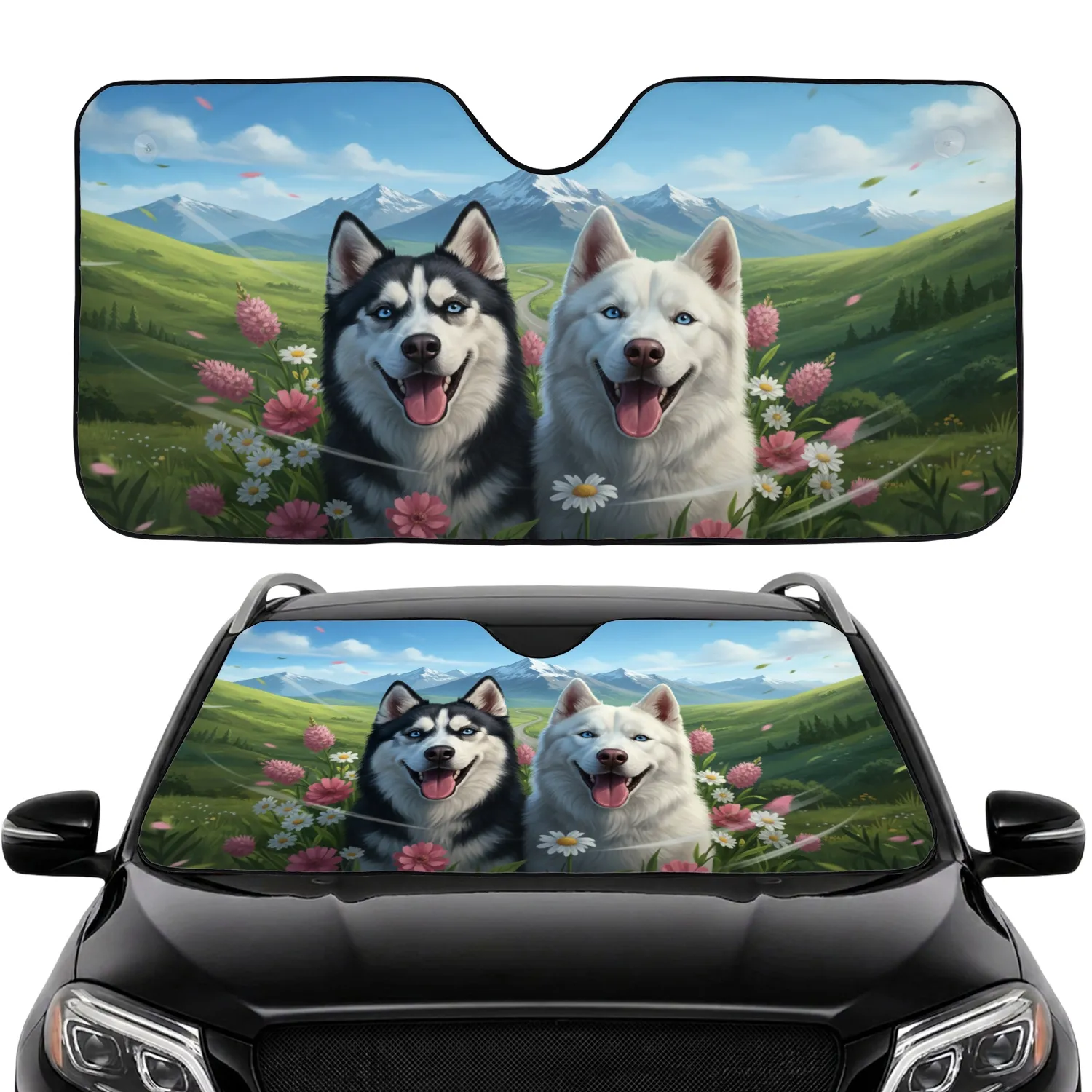 Siberian Husky Dogs Wildflower Mountain Landscape - Wildlife Lover Gift Car Sunshade - 1
